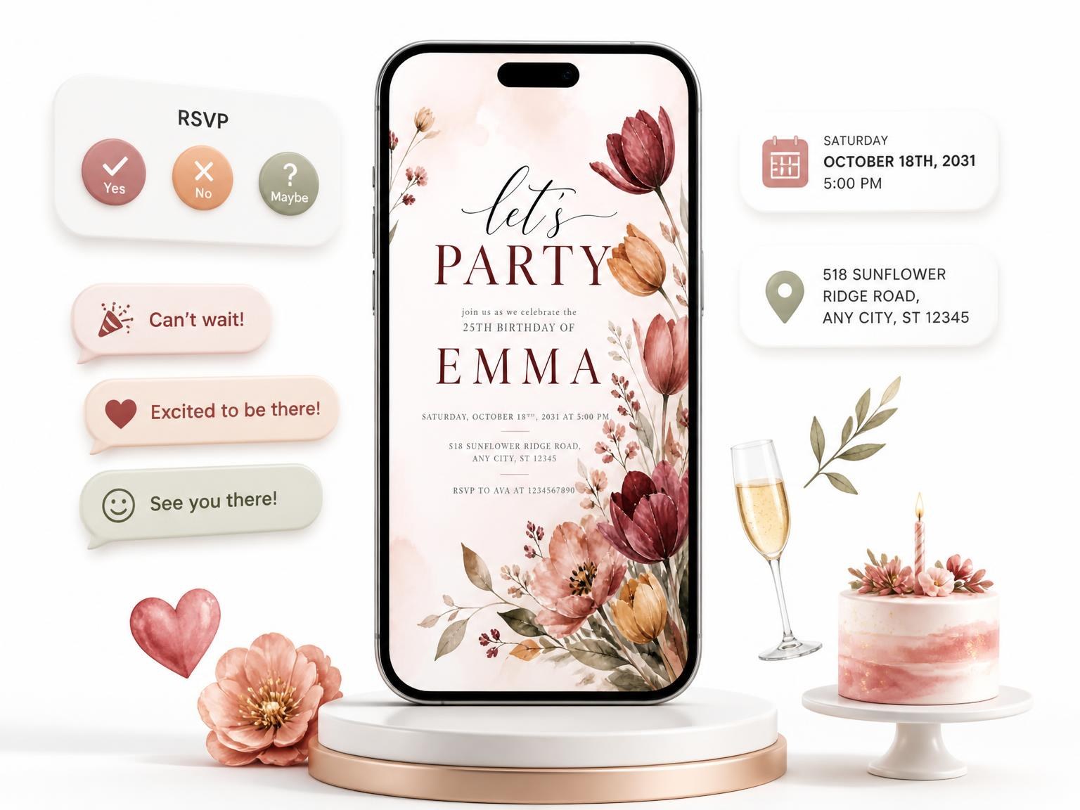 The Tulips Wildflowers Autumn 25th Birthday Invitation invitation on a phone, with guest RSVPs arriving around it