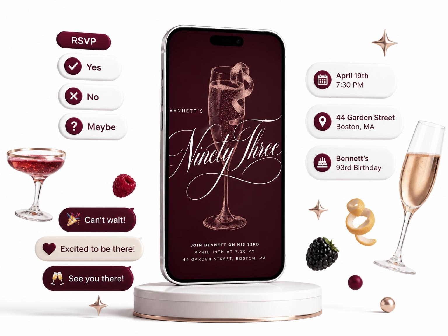 The Burgundy Cocktail 93rd Birthday Invitation invitation on a phone, with guest RSVPs arriving around it
