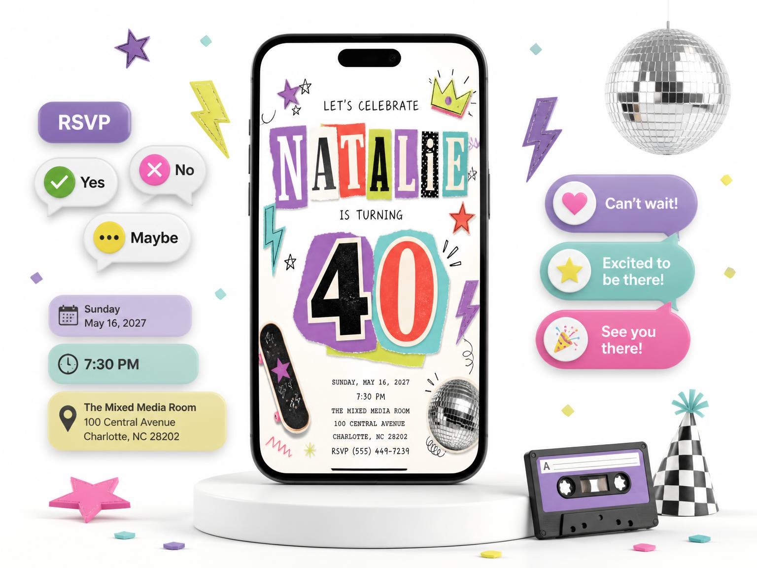 The Retro Paper Collage 40th Birthday Invitation invitation on a phone, with guest RSVPs arriving around it