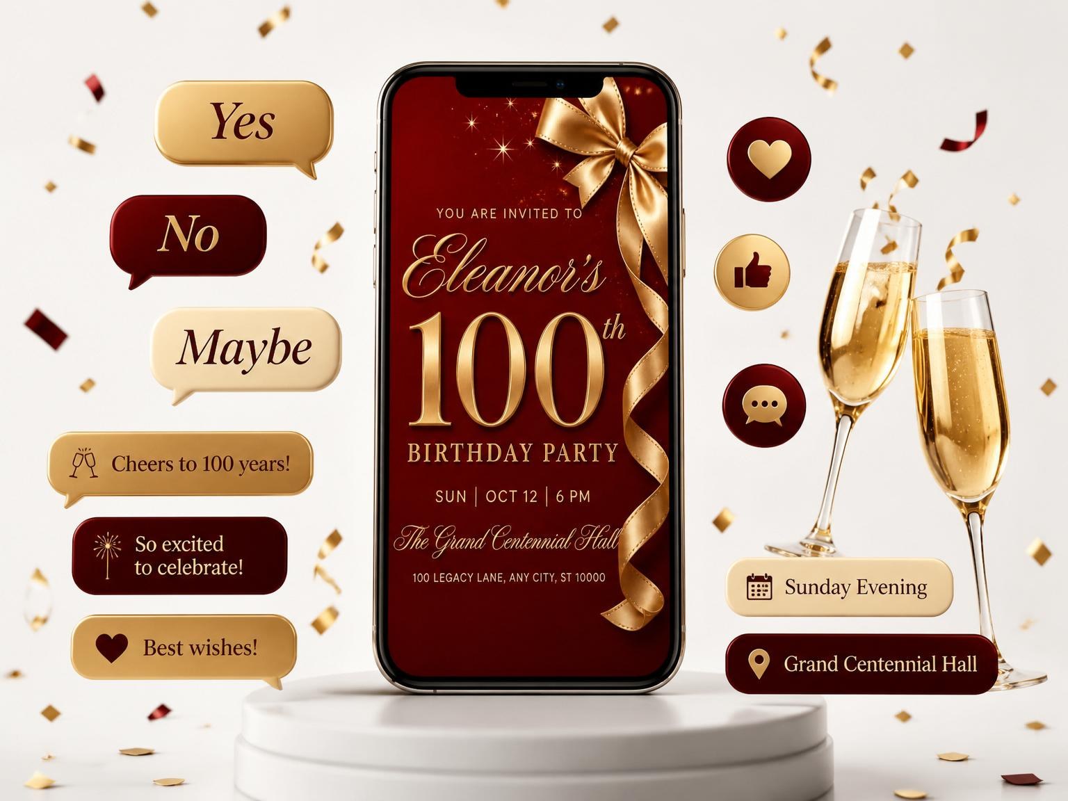 The Red Velvet Gold Ribbon 100th Birthday invitation on a phone, with guest RSVPs arriving around it