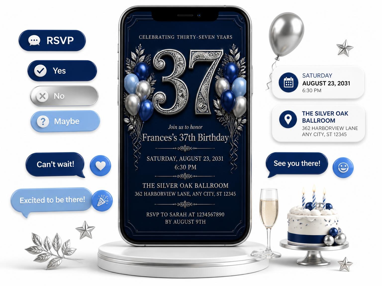 The Navy and Silver 37th Birthday Invitation invitation on a phone, with guest RSVPs arriving around it