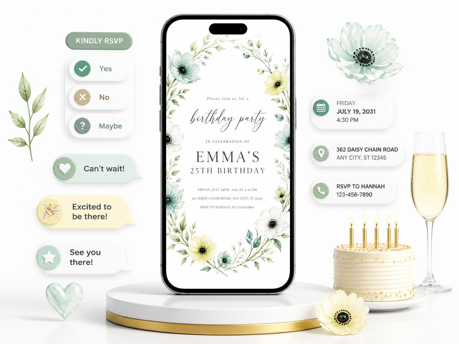 The Floral Wreath Mint 25th Birthday Invitation invitation on a phone, with guest RSVPs arriving around it