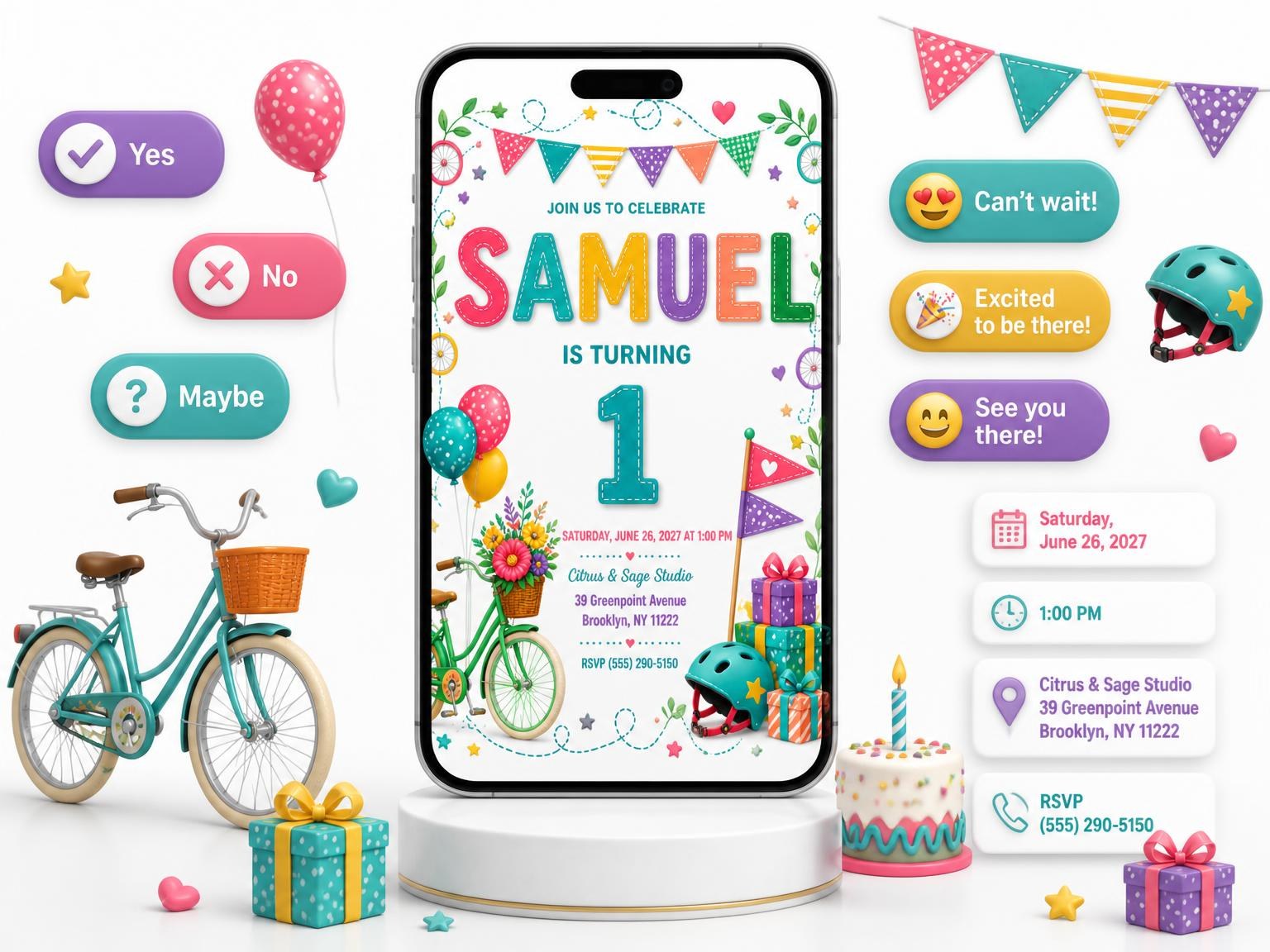 The Stitched Bike Ride 1st Birthday Invitation invitation on a phone, with guest RSVPs arriving around it