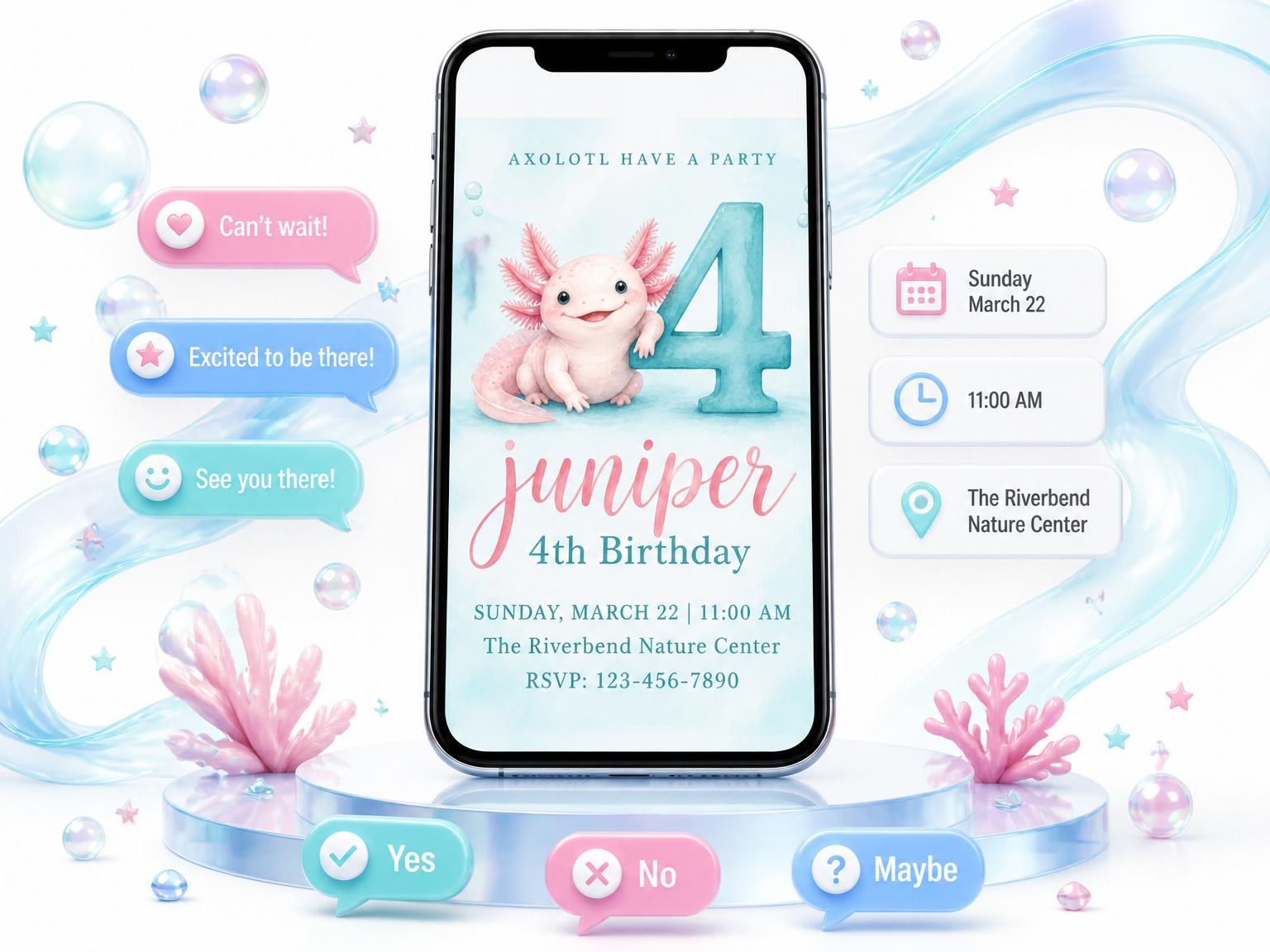 The Watercolor Axolotl 4th Birthday Invitation invitation on a phone, with guest RSVPs arriving around it