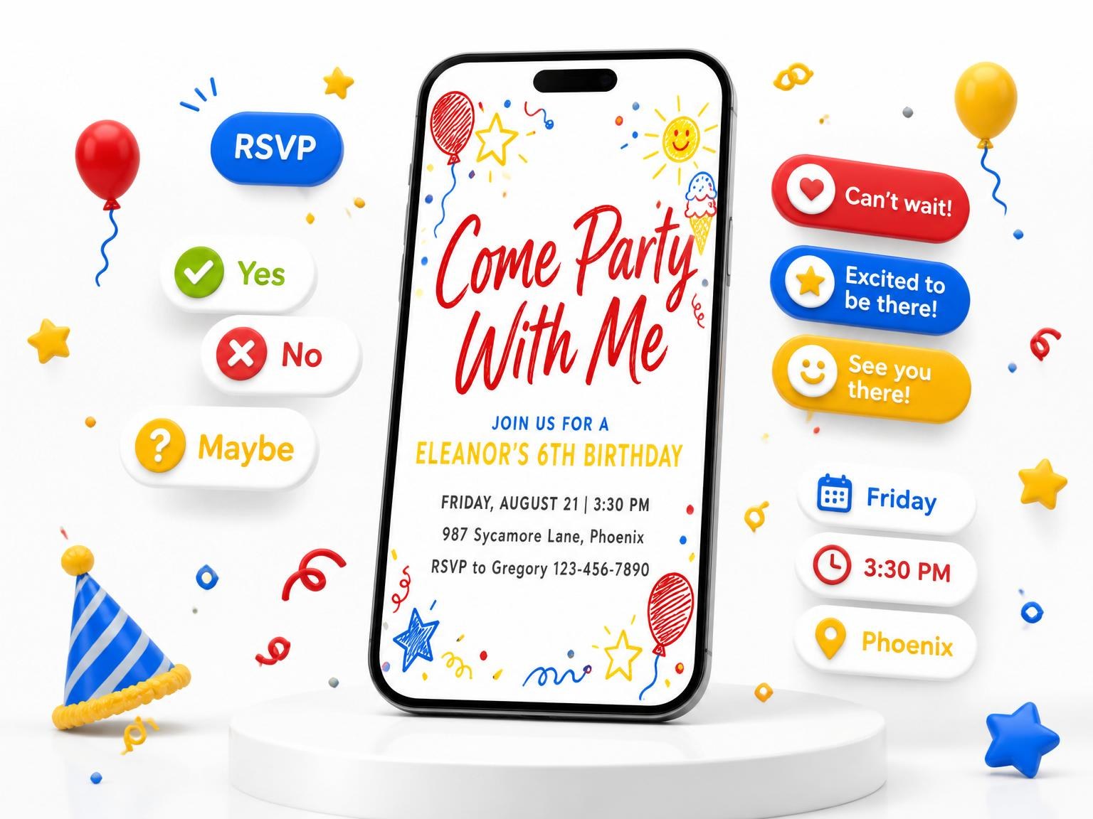 The Crayon Scribble Primary 6th Birthday Invitation invitation on a phone, with guest RSVPs arriving around it