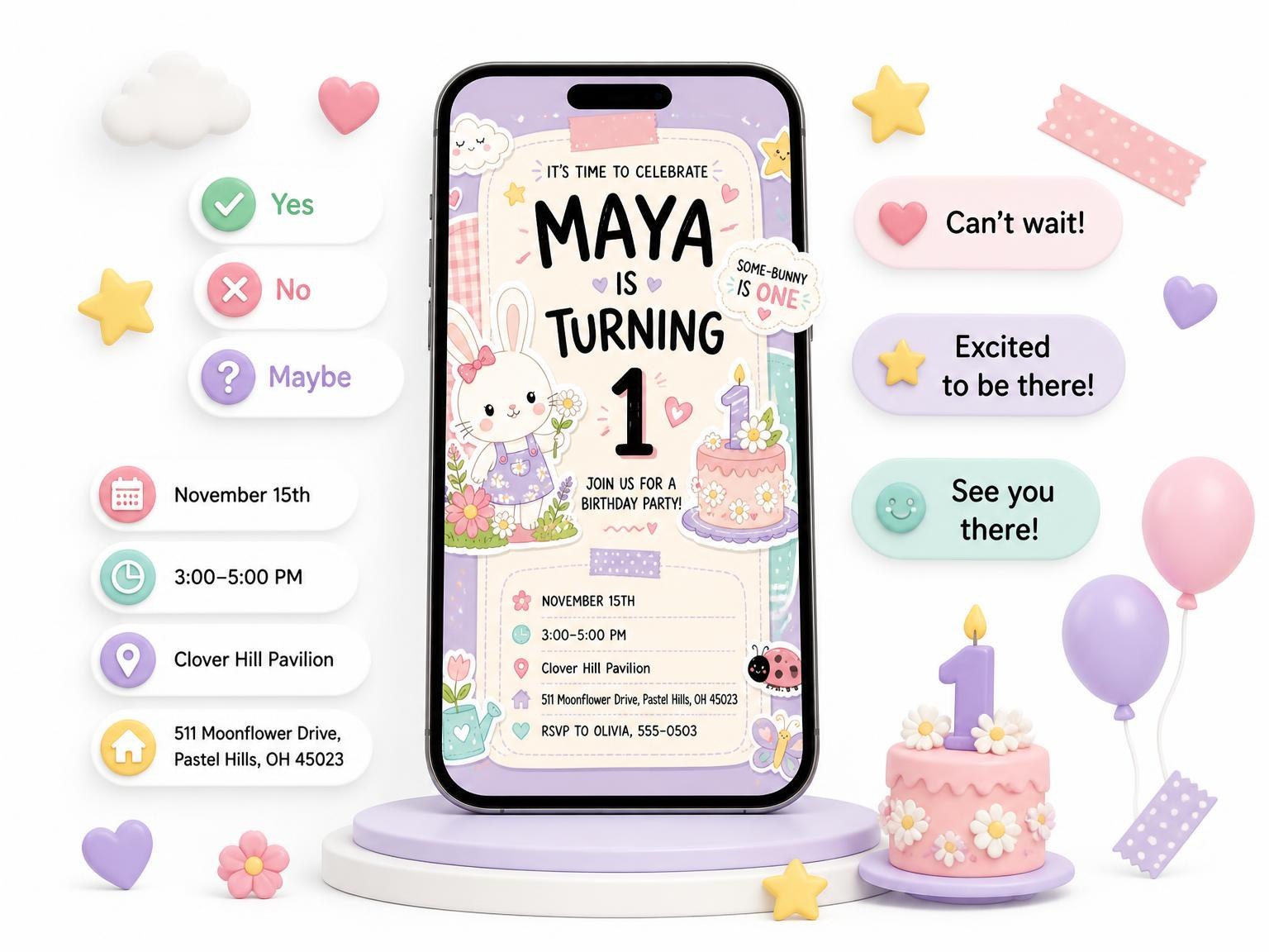 The Critters Garden Pastel 1st Birthday Invitation invitation on a phone, with guest RSVPs arriving around it