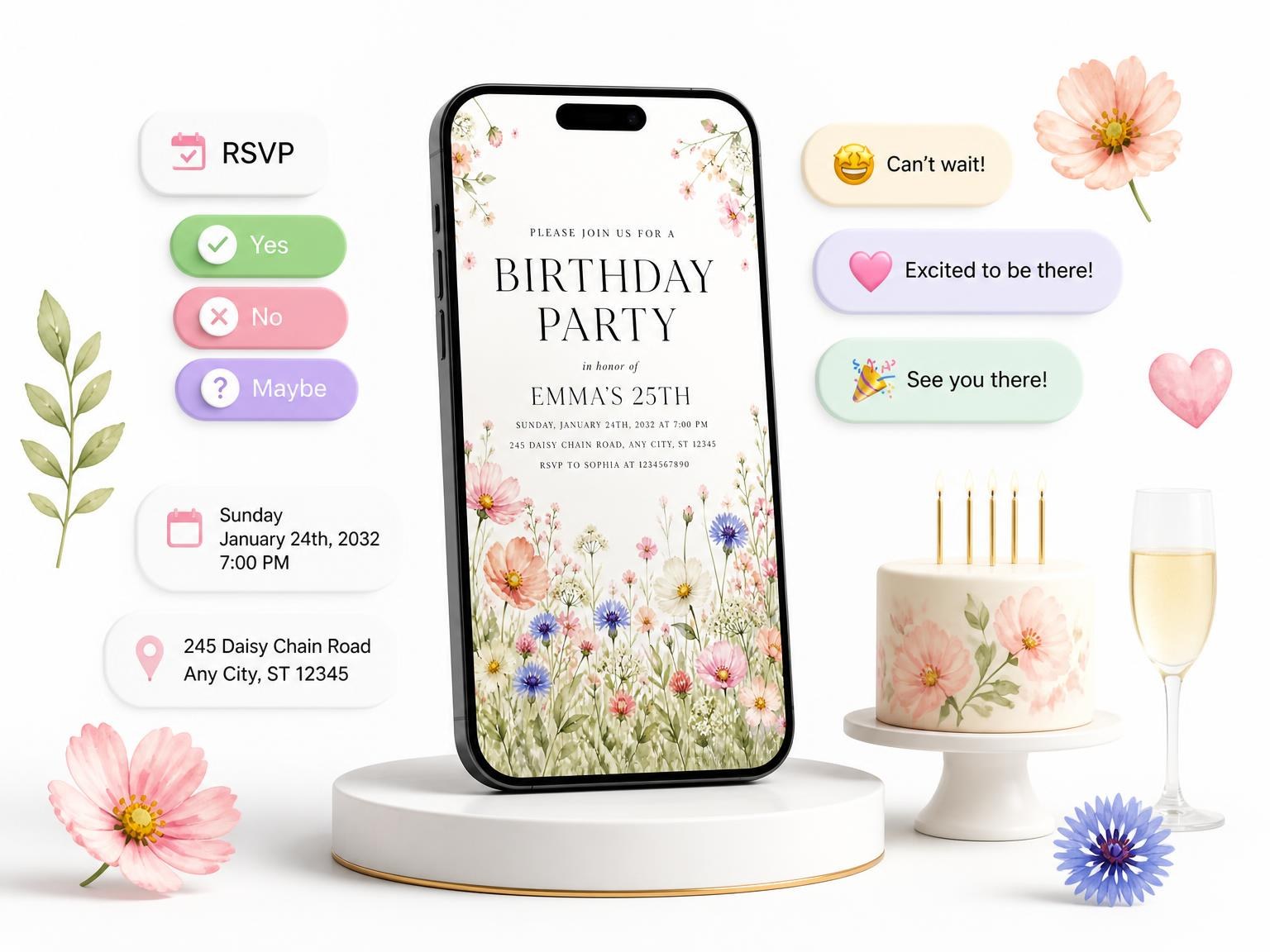 The Wildflower Meadow Blush 25th Birthday Invitation invitation on a phone, with guest RSVPs arriving around it