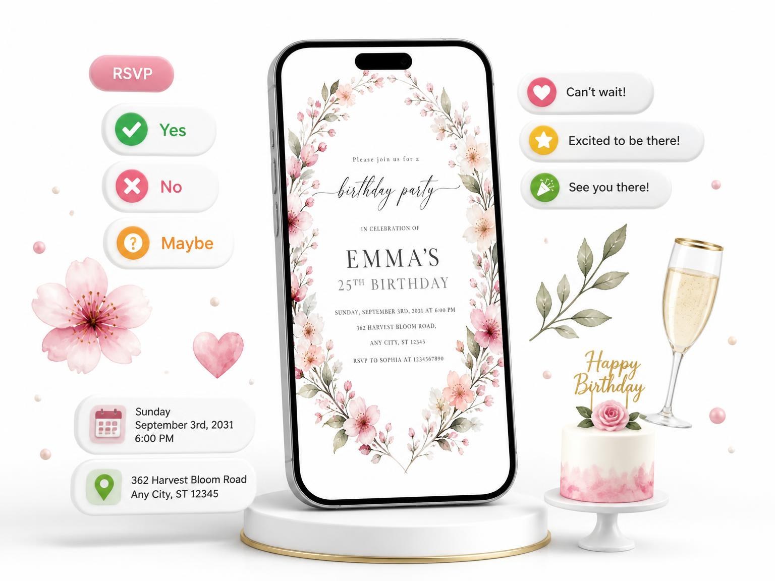 The Blossom Wreath Blush 25th Birthday Invitation invitation on a phone, with guest RSVPs arriving around it