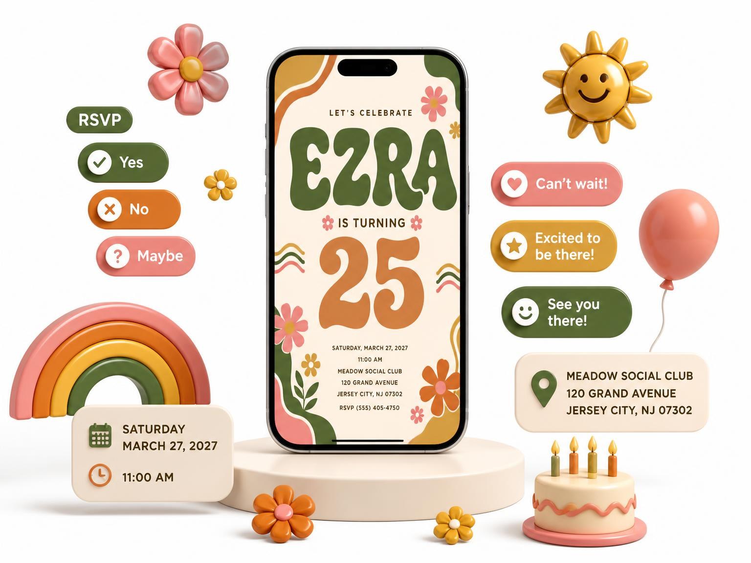The Groovy Retro 25th Birthday Invitation invitation on a phone, with guest RSVPs arriving around it