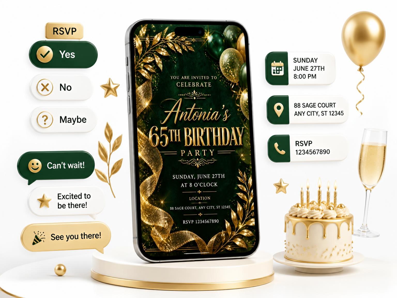 The Emerald and Champagne 65th Birthday Invitation invitation on a phone, with guest RSVPs arriving around it