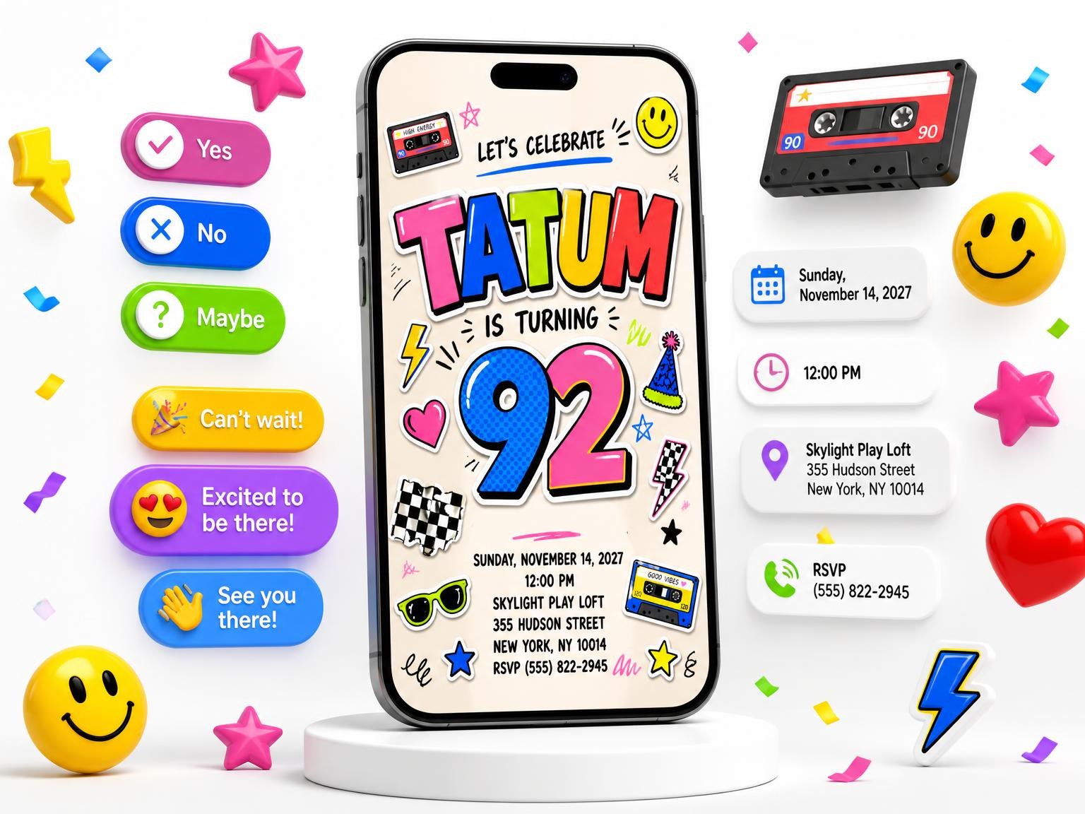 The Sticker Pop 92nd Birthday Invitation invitation on a phone, with guest RSVPs arriving around it
