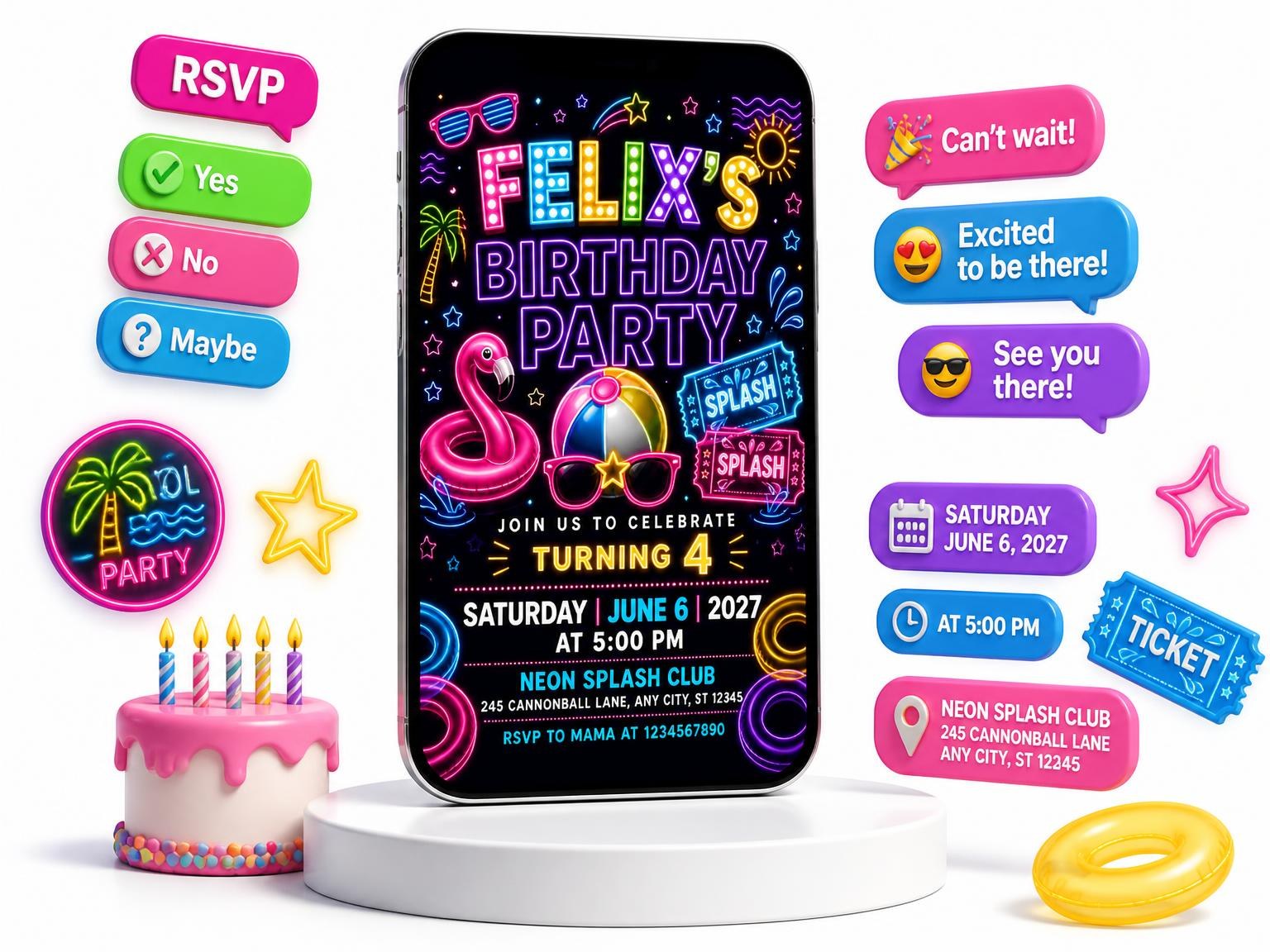 The Neon Pool Party 4th Birthday Invitation invitation on a phone, with guest RSVPs arriving around it