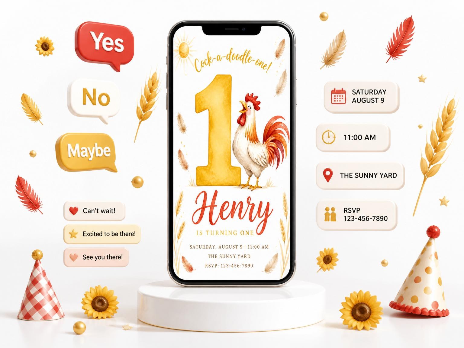 The Watercolor Rooster Farm 1st Birthday invitation on a phone, with guest RSVPs arriving around it
