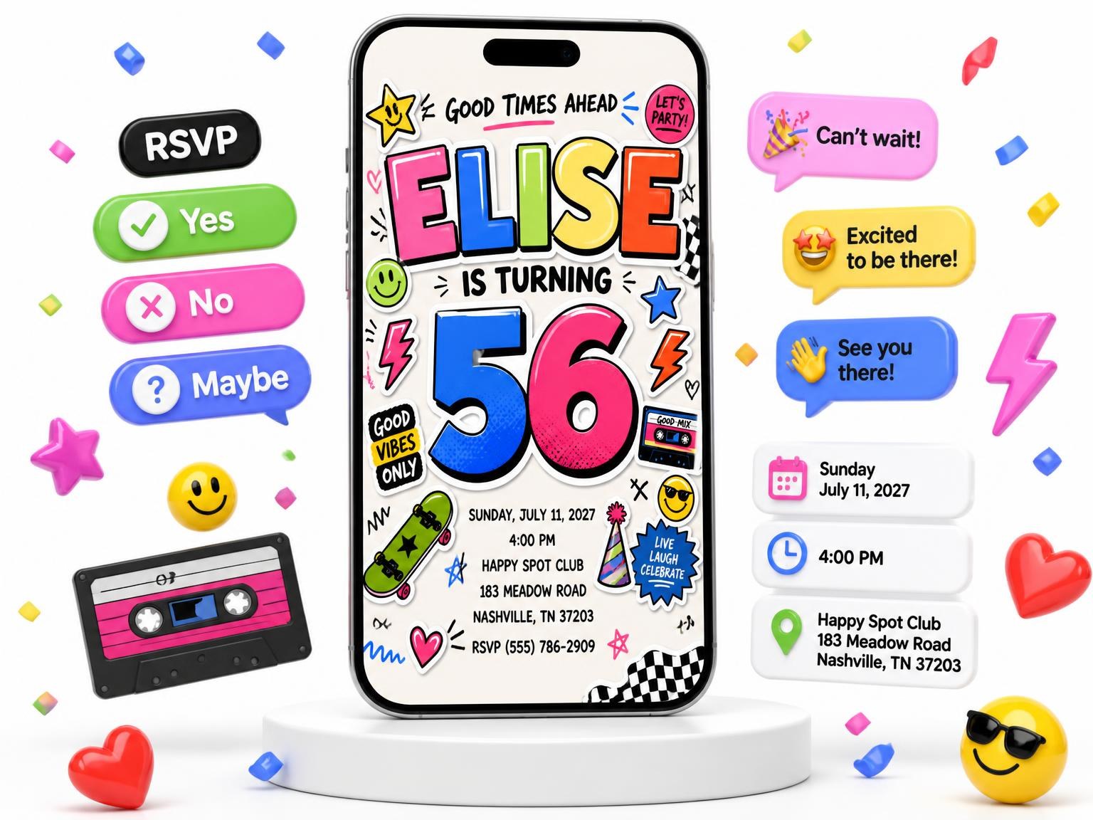 The Sticker Pop 56th Birthday Invitation invitation on a phone, with guest RSVPs arriving around it