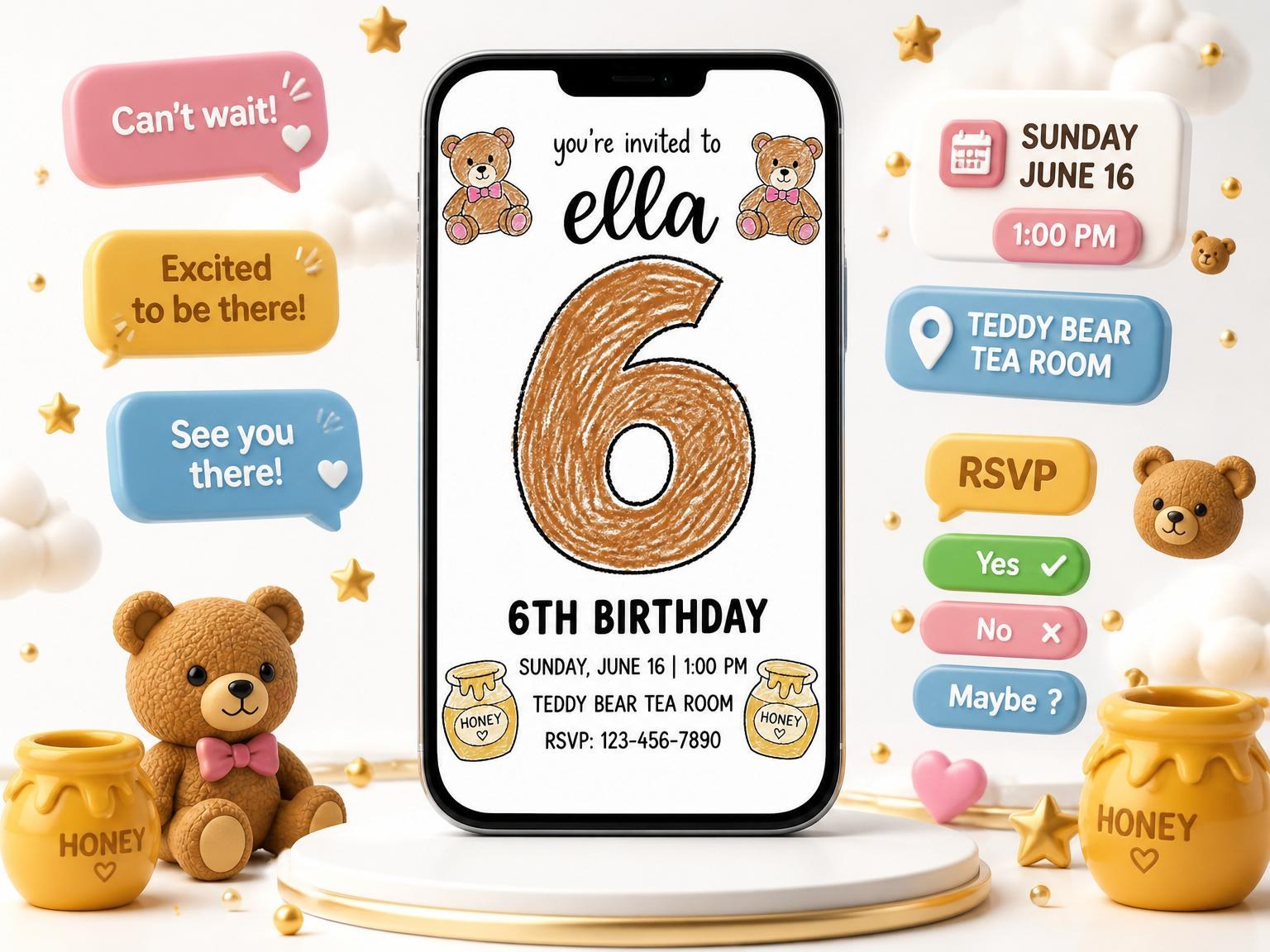 The Crayon Teddy Bear 6th Birthday invitation on a phone, with guest RSVPs arriving around it