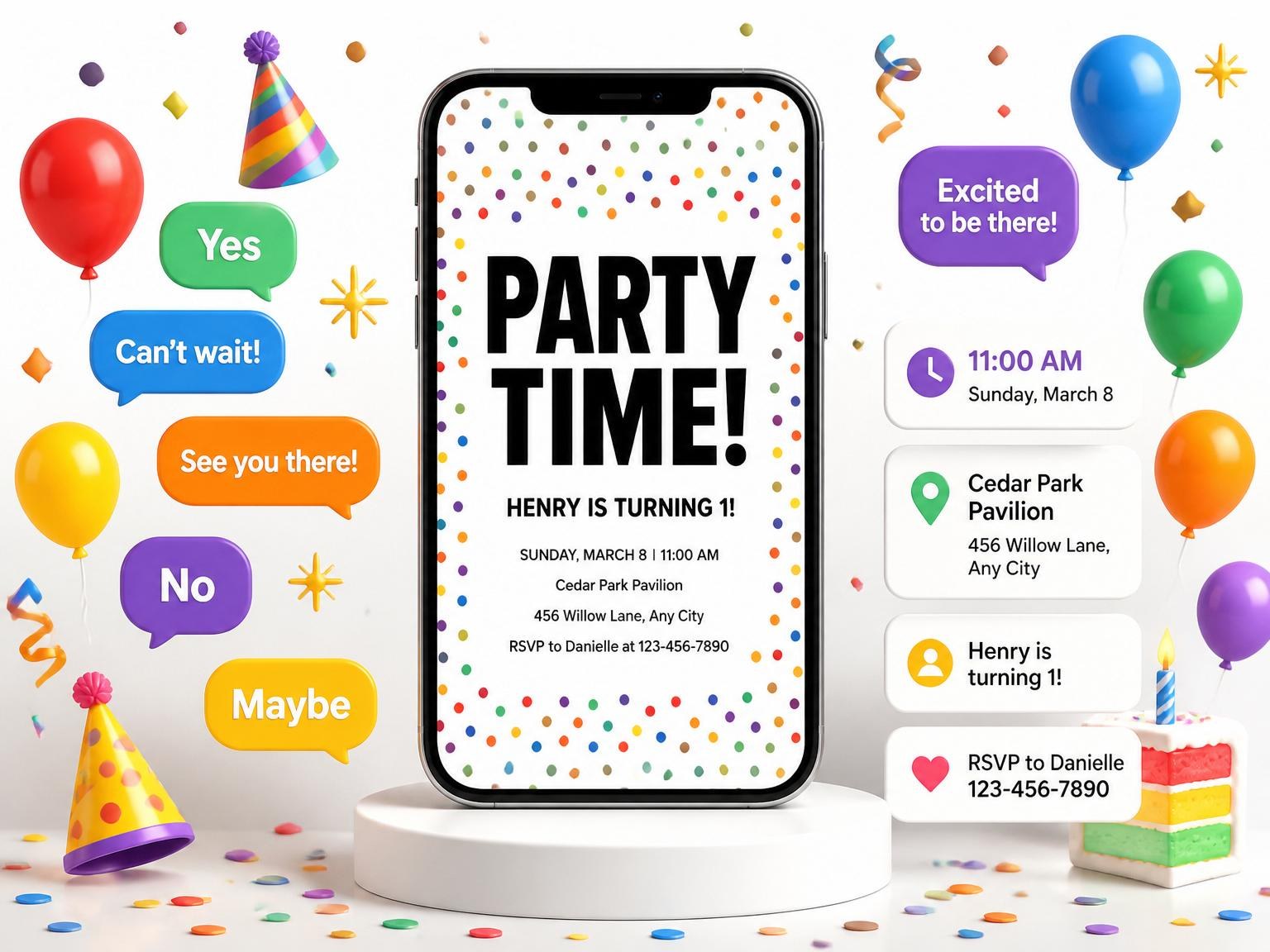 The Rainbow Confetti Border 1st Birthday invitation on a phone, with guest RSVPs arriving around it