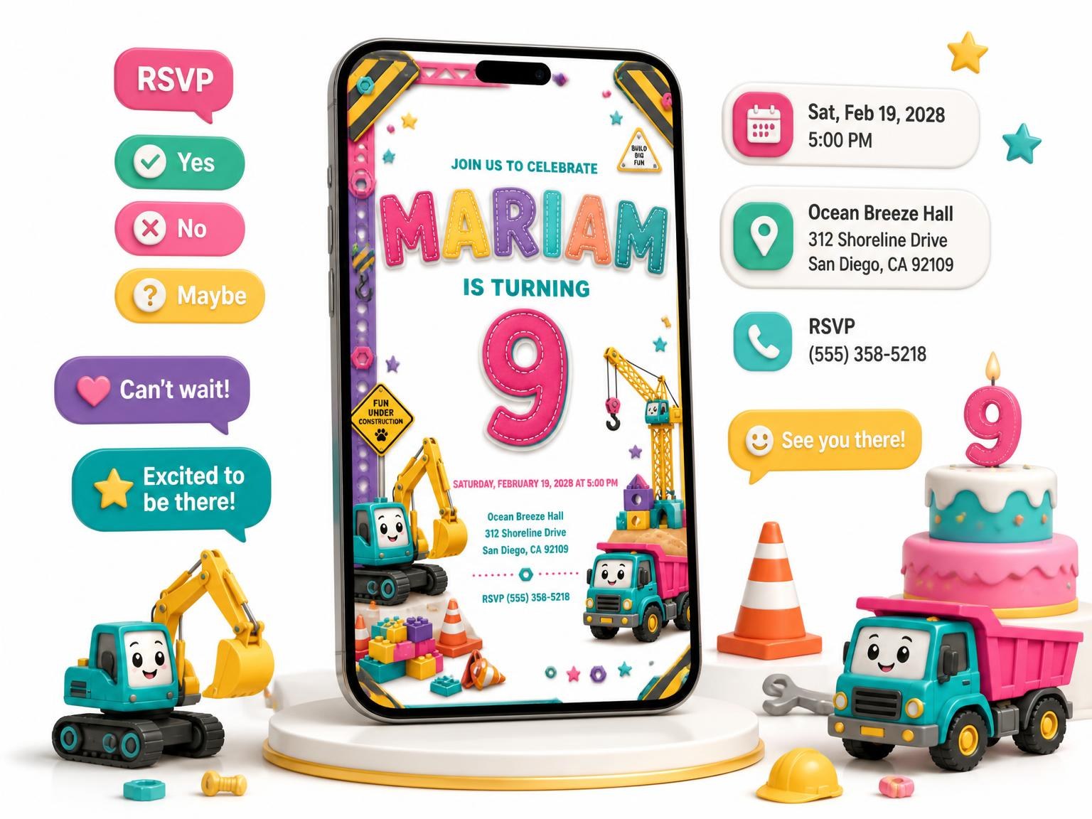 The Stitched Construction 9th Birthday Invitation invitation on a phone, with guest RSVPs arriving around it