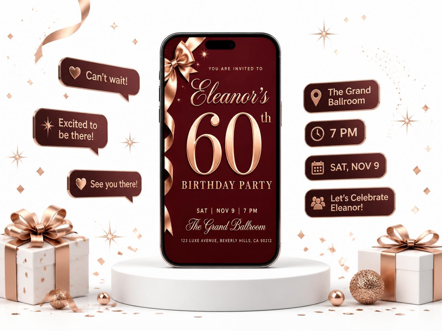 The Burgundy Rose-Gold Ribbon 60th Birthday invitation on a phone, with guest RSVPs arriving around it