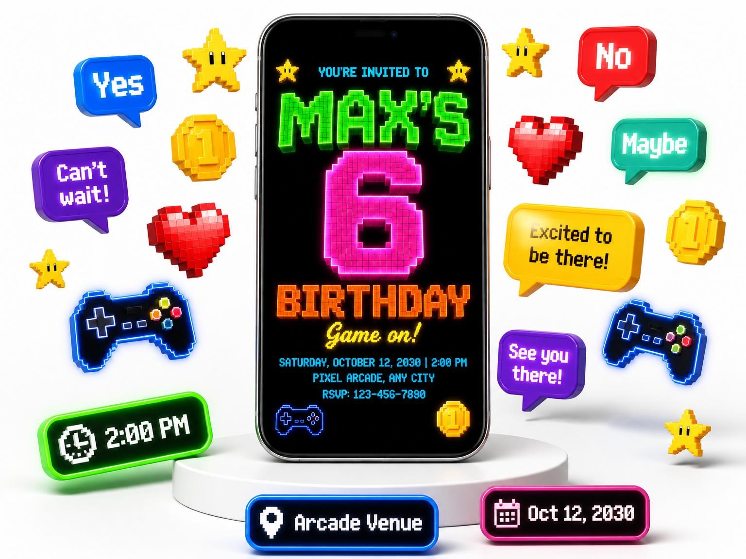 The Neon Pixel Arcade 6th Birthday Invitation invitation on a phone, with guest RSVPs arriving around it