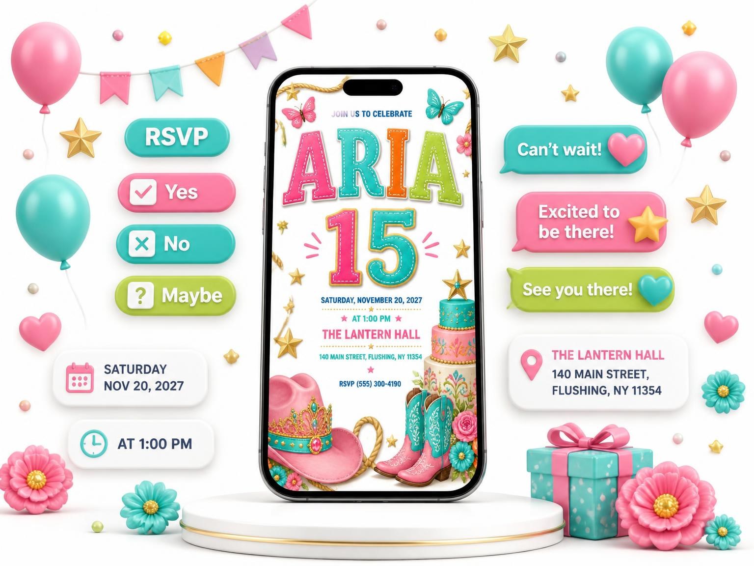 The Pink Cowgirl Rodeo 15th Birthday Invitation invitation on a phone, with guest RSVPs arriving around it