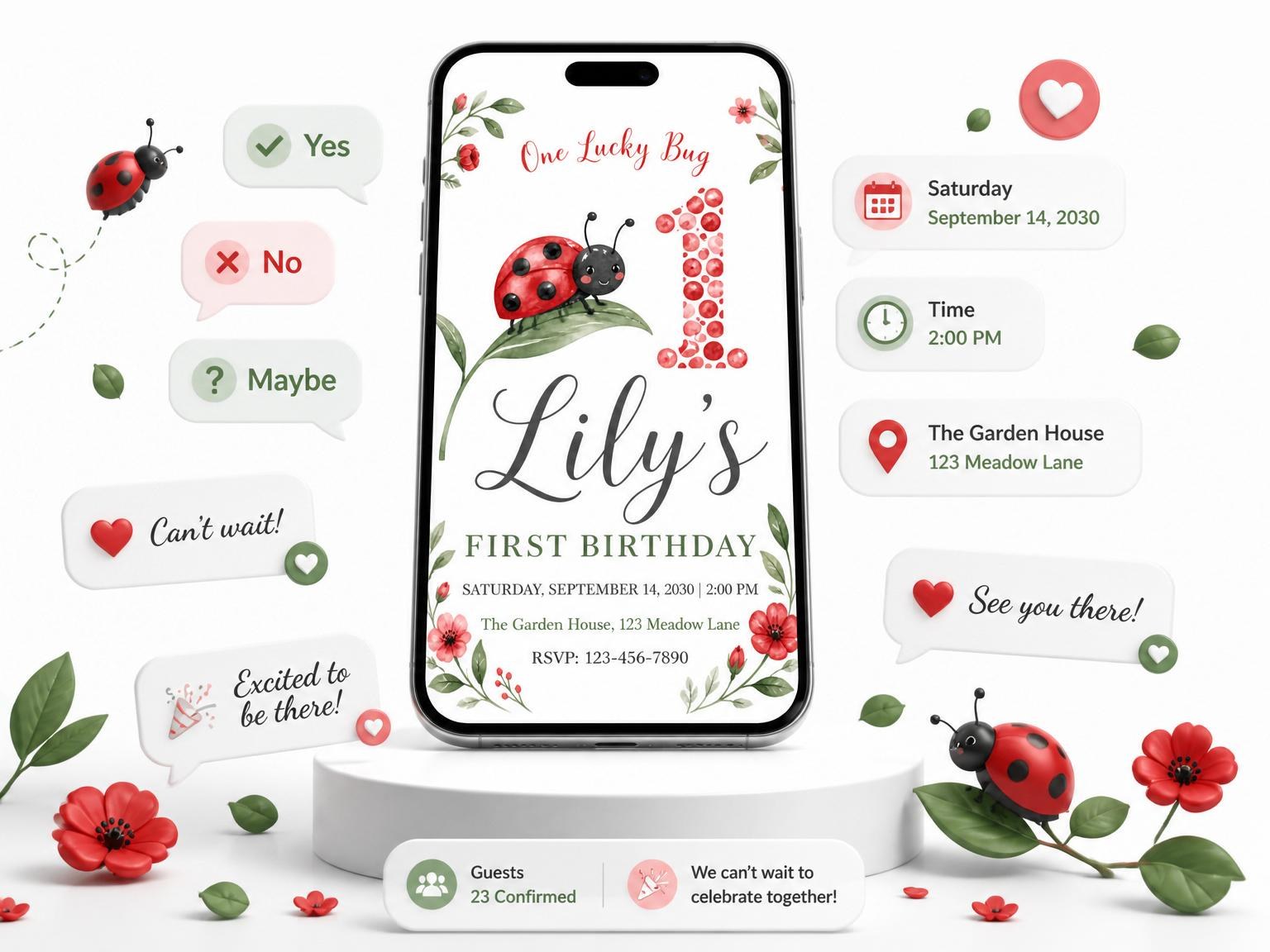 The Watercolor Ladybug Floral First Birthday invitation on a phone, with guest RSVPs arriving around it