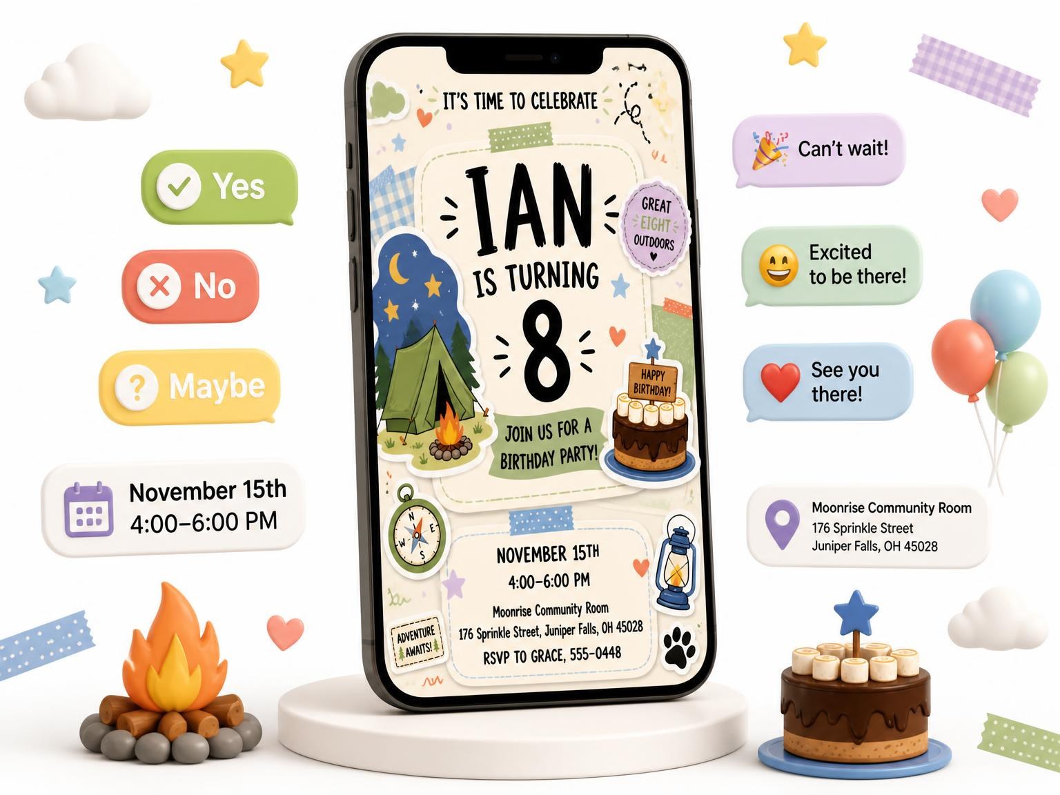 The Camping Tent Pastel 8th Birthday Invitation invitation on a phone, with guest RSVPs arriving around it