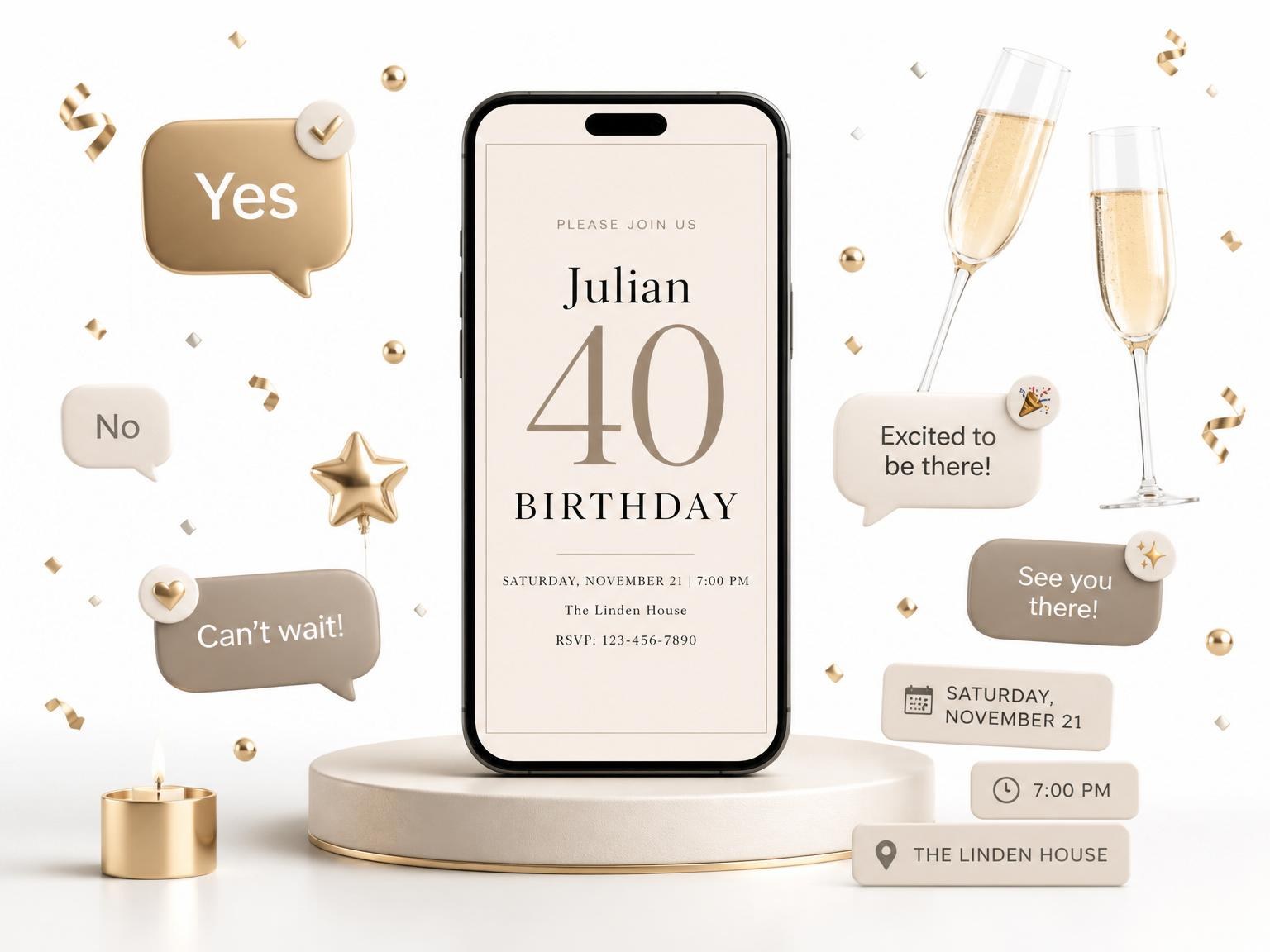 The Beige Serif Minimalist 40th Birthday invitation on a phone, with guest RSVPs arriving around it