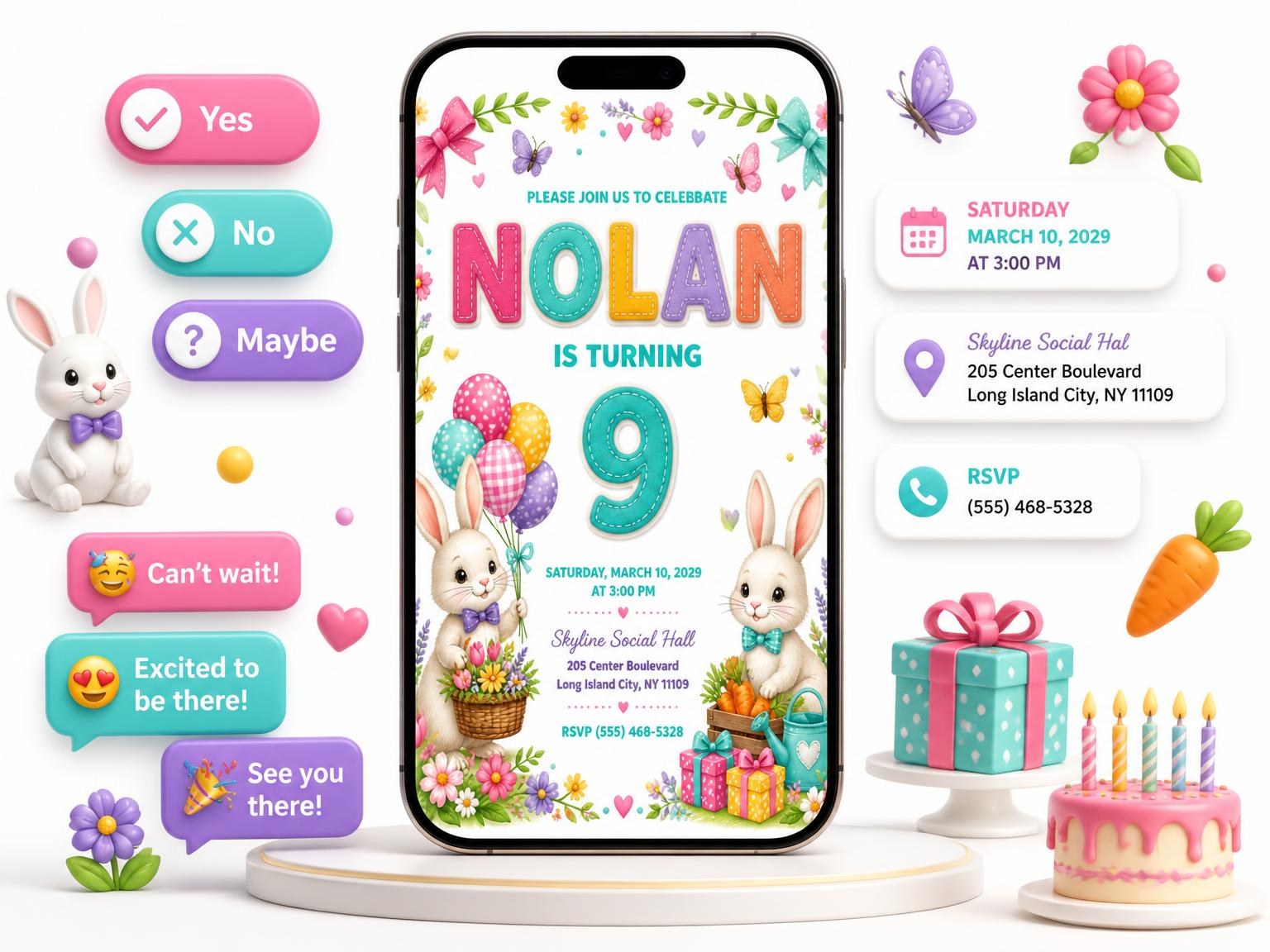 The Stitched Bunny Garden 9th Birthday Invitation invitation on a phone, with guest RSVPs arriving around it