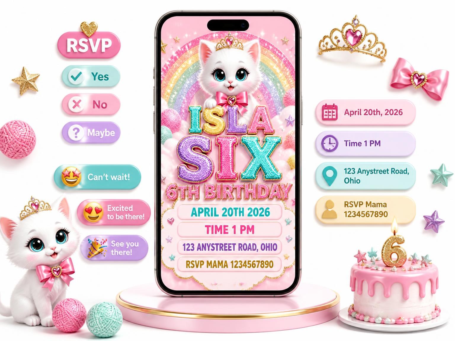 The Glitter Kitty Cat 6th Birthday Invitation invitation on a phone, with guest RSVPs arriving around it
