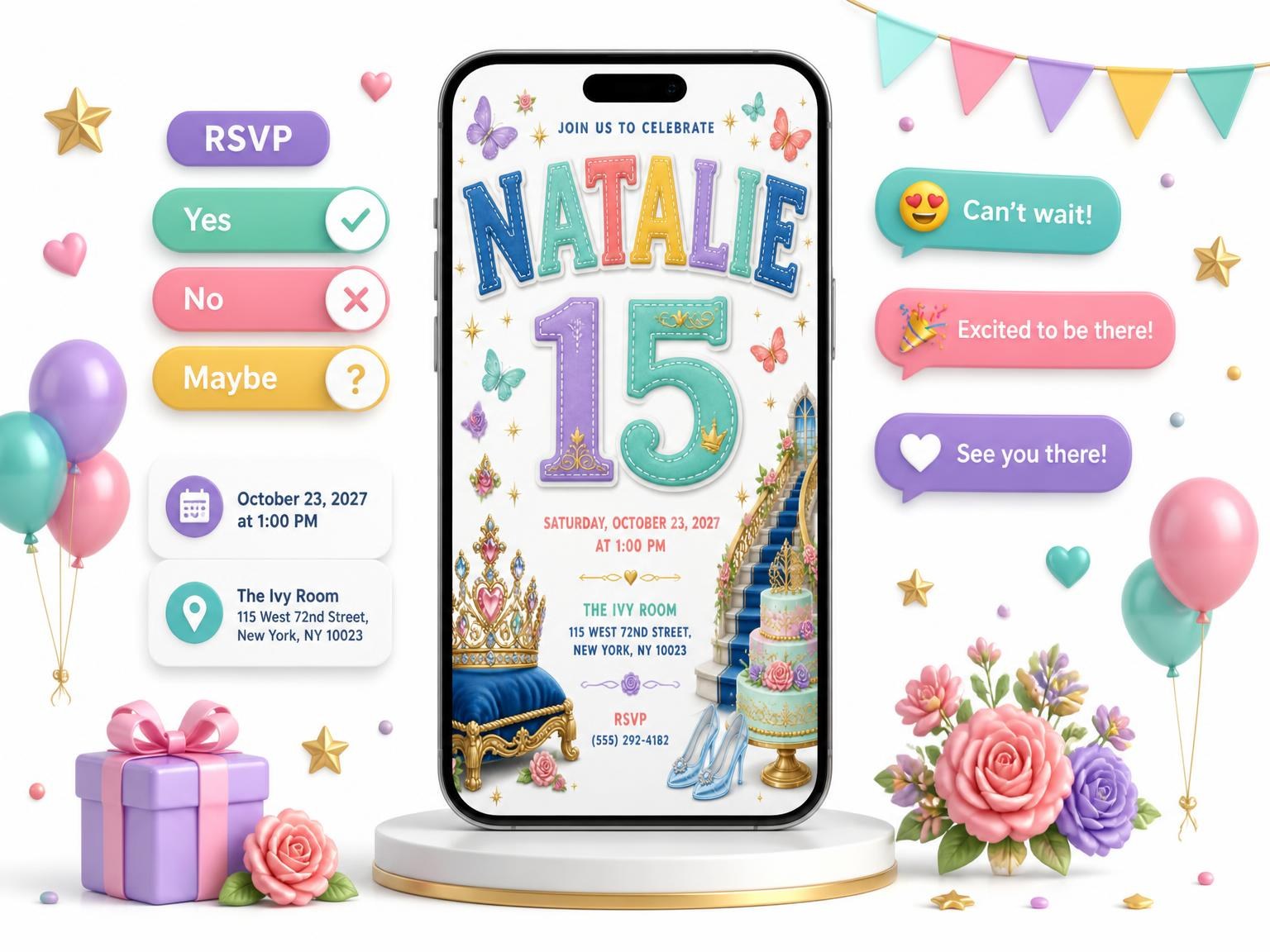 The Royal Tiara Quinceañera Invitation invitation on a phone, with guest RSVPs arriving around it