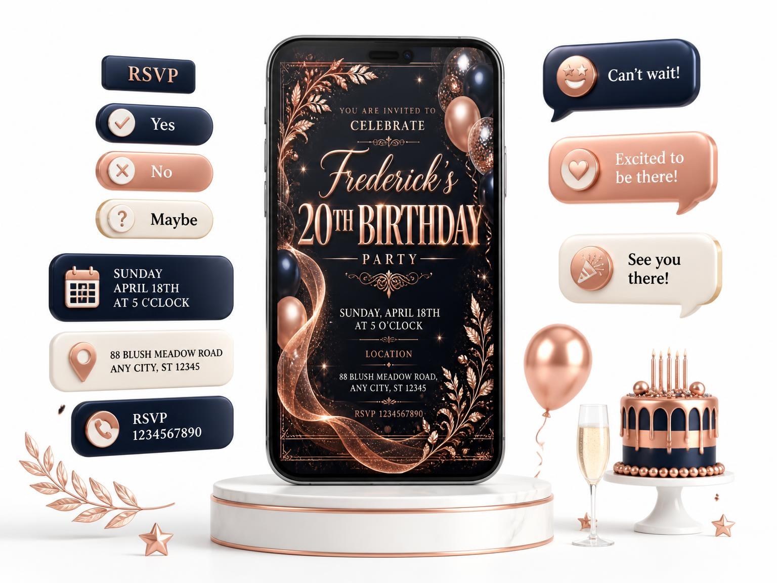 The Navy and Rose Gold 20th Birthday Invitation invitation on a phone, with guest RSVPs arriving around it