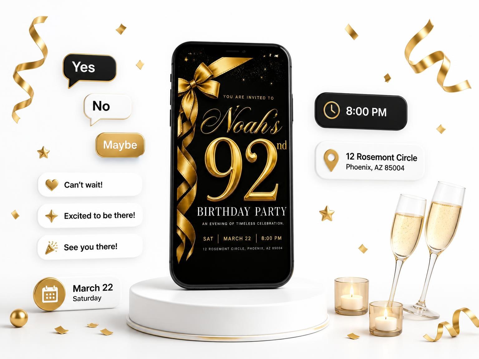 The Black and Gold Ribbon 92nd Birthday invitation on a phone, with guest RSVPs arriving around it