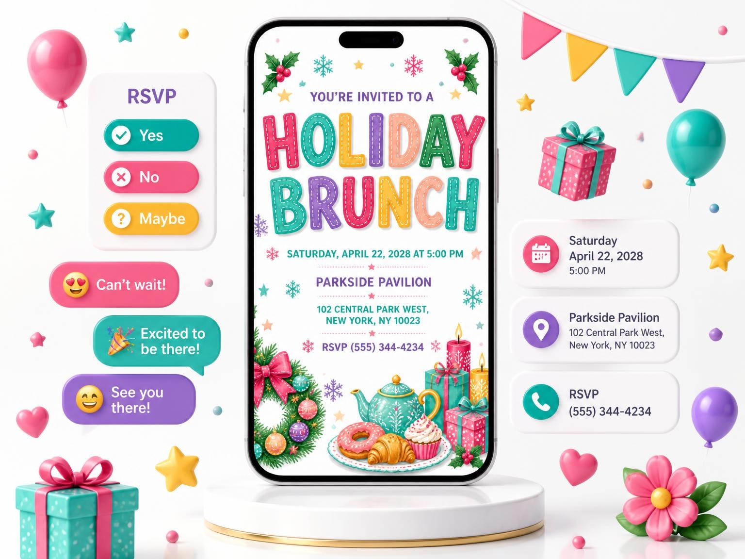 The Christmas Wreath Holiday Brunch Invitation invitation on a phone, with guest RSVPs arriving around it