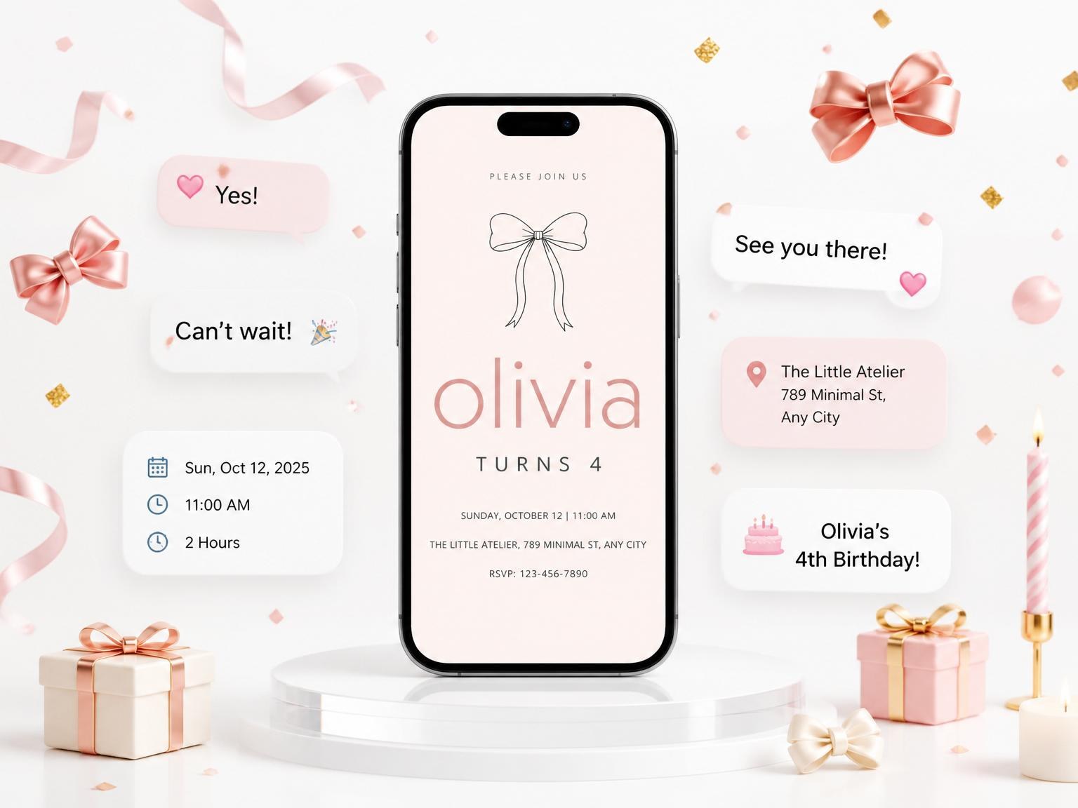 The Blush Watercolor Line-Art Bow Birthday invitation on a phone, with guest RSVPs arriving around it