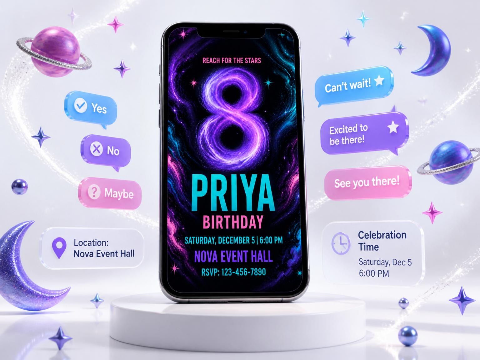 The Neon Nebula Galaxy 8th Birthday invitation on a phone, with guest RSVPs arriving around it