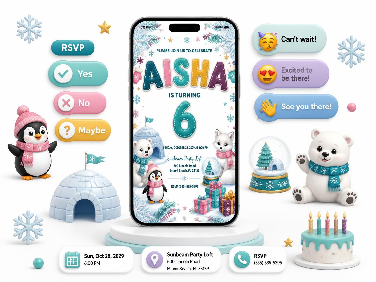 The Stitched Winter Polar 6th Birthday Invitation invitation on a phone, with guest RSVPs arriving around it