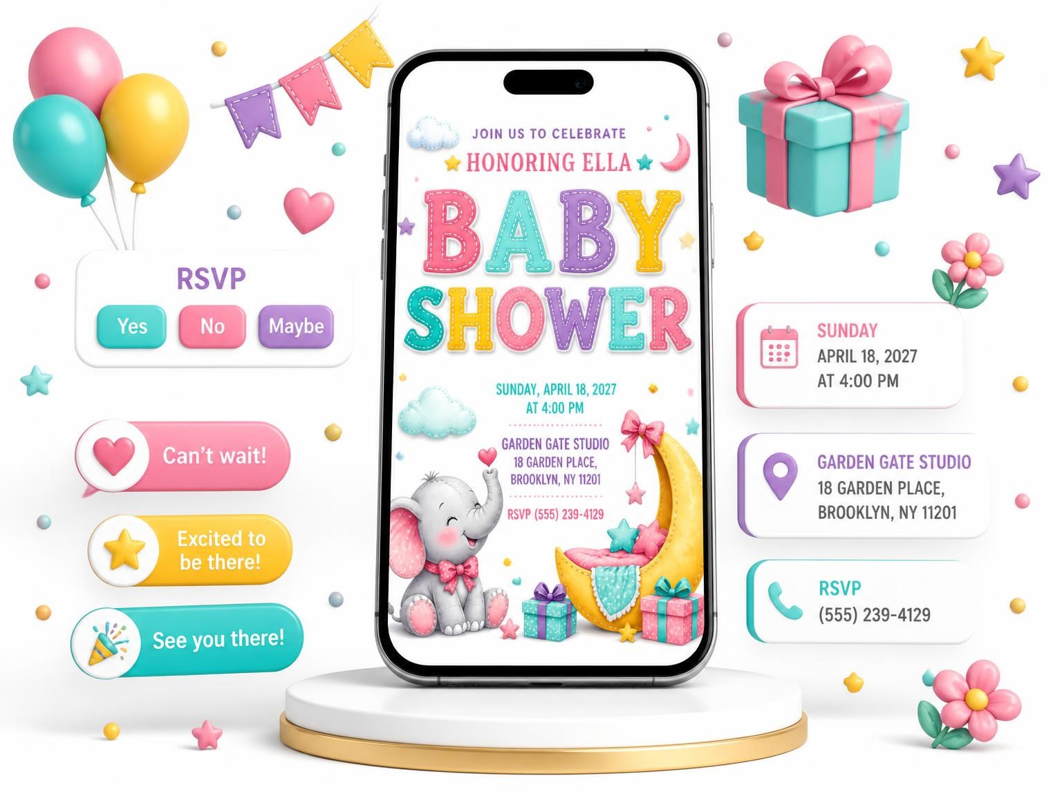 The Crescent Moon Baby Shower Invitation invitation on a phone, with guest RSVPs arriving around it