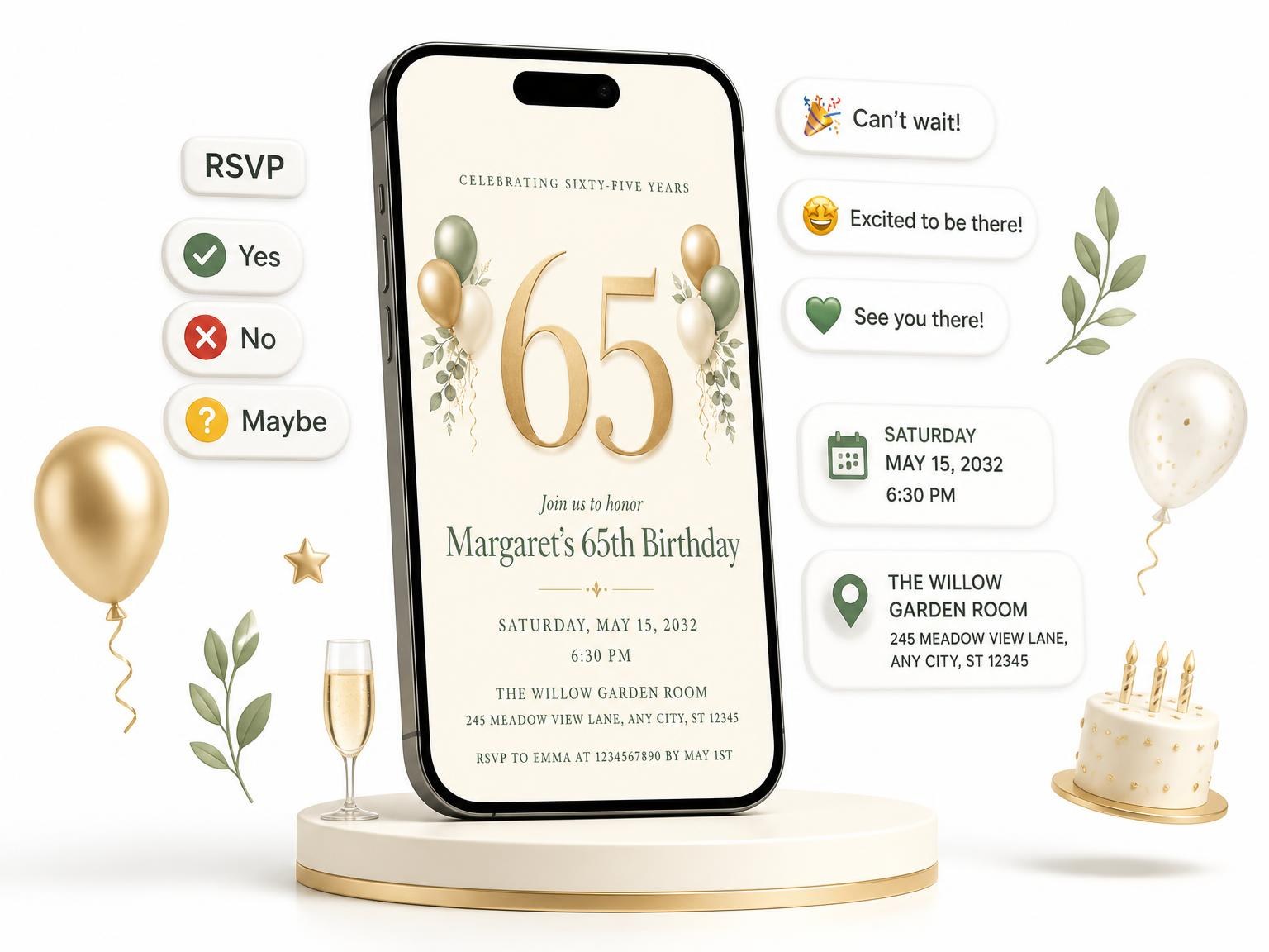 The Sage and Ivory 65th Birthday Invitation invitation on a phone, with guest RSVPs arriving around it