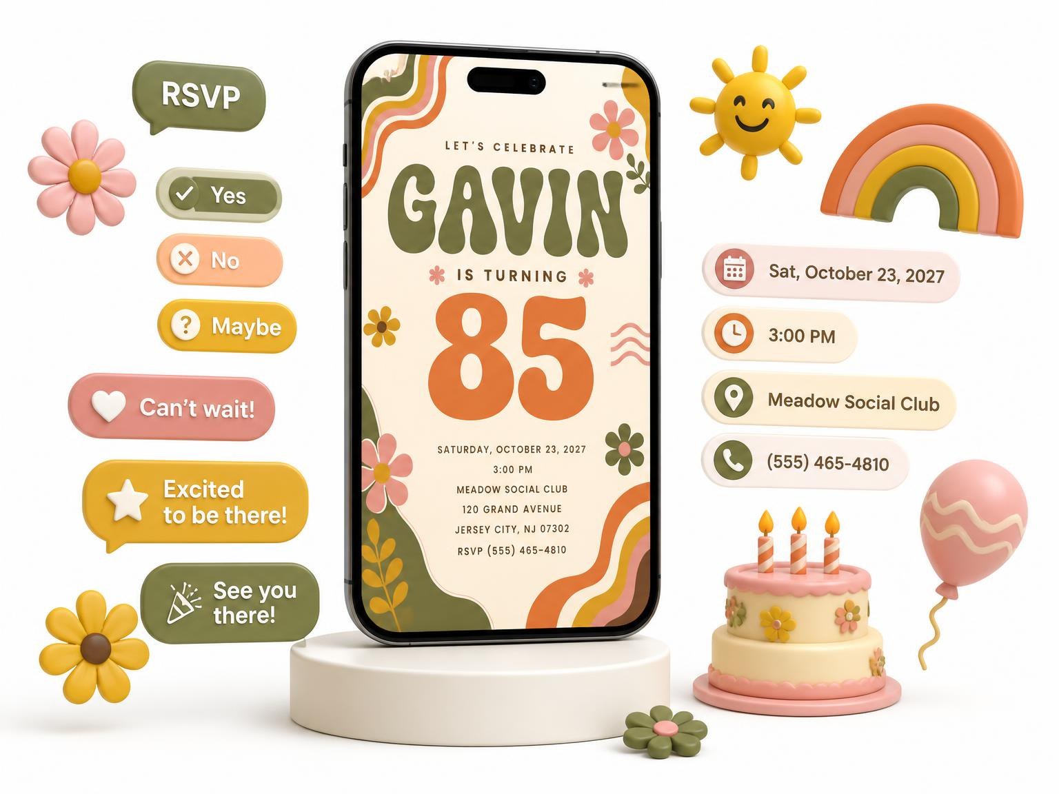 The Groovy Retro 85th Birthday Invitation invitation on a phone, with guest RSVPs arriving around it