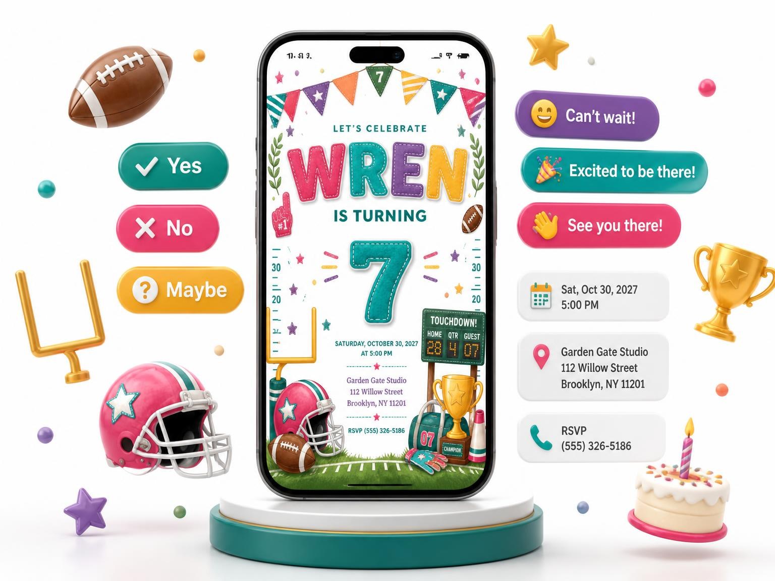 The Stitched Football 7th Birthday Invitation invitation on a phone, with guest RSVPs arriving around it