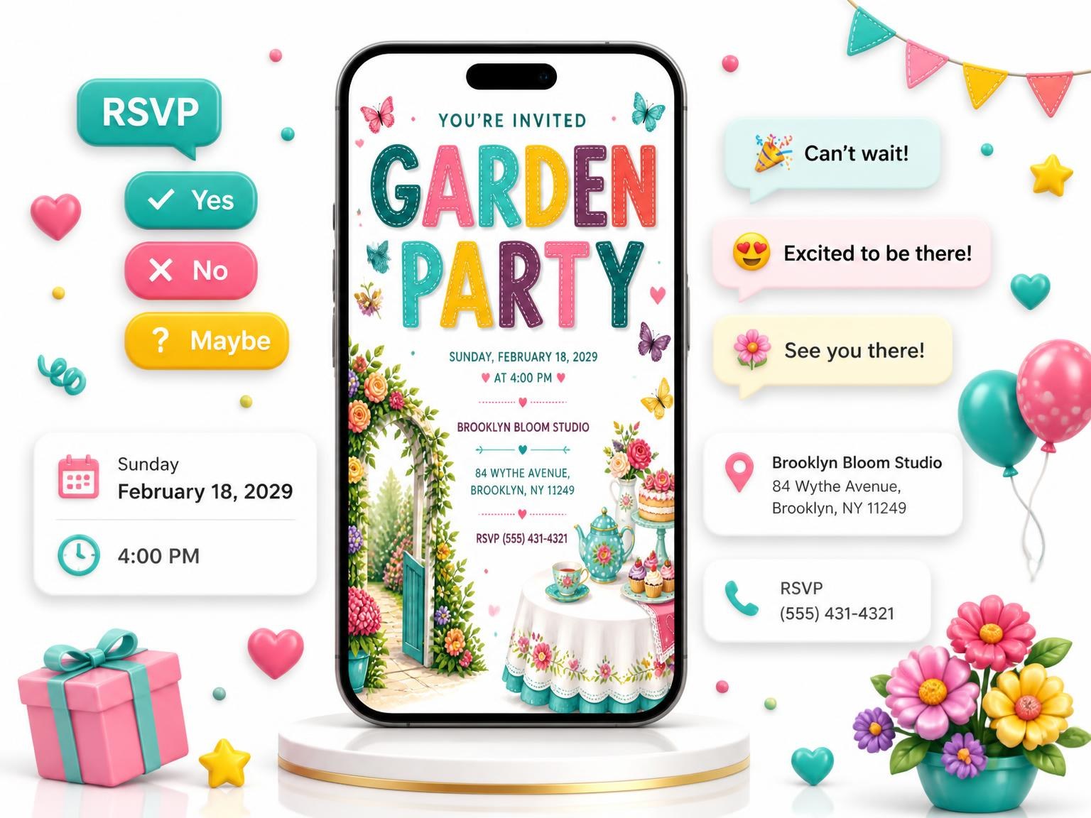 The Butterfly Garden Party Invitation invitation on a phone, with guest RSVPs arriving around it