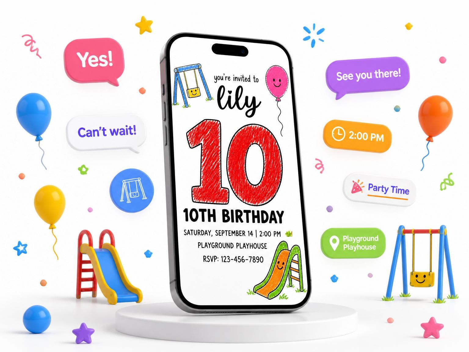 The Crayon Playground 10th Birthday invitation on a phone, with guest RSVPs arriving around it