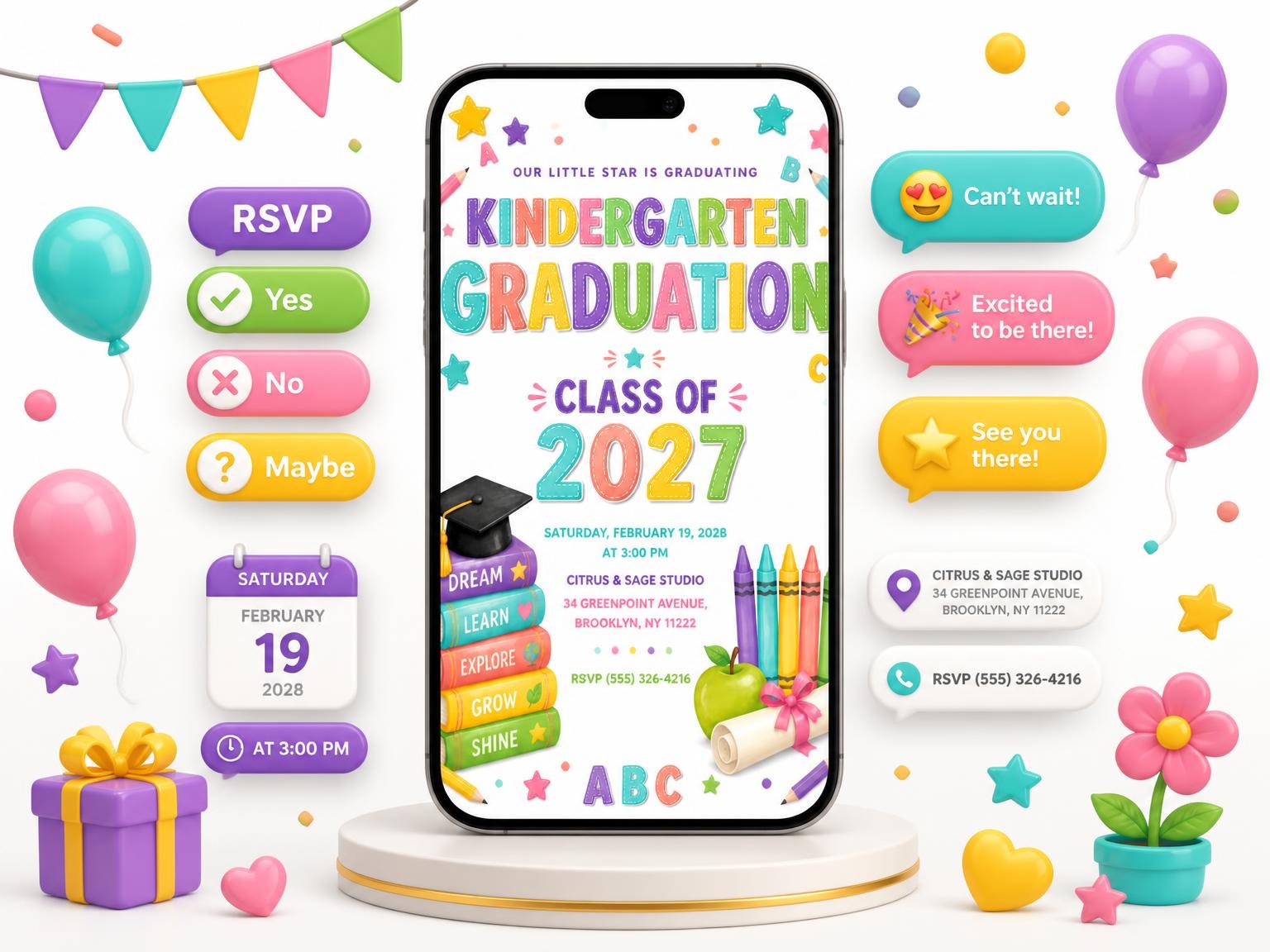 The Rainbow Kindergarten Graduation Invitation invitation on a phone, with guest RSVPs arriving around it