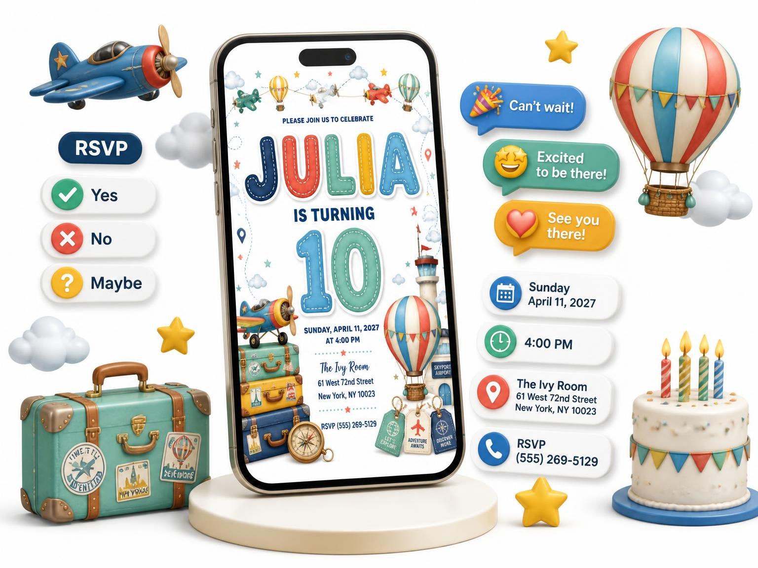 The Stitched Up and Away 10th Birthday Invitation invitation on a phone, with guest RSVPs arriving around it