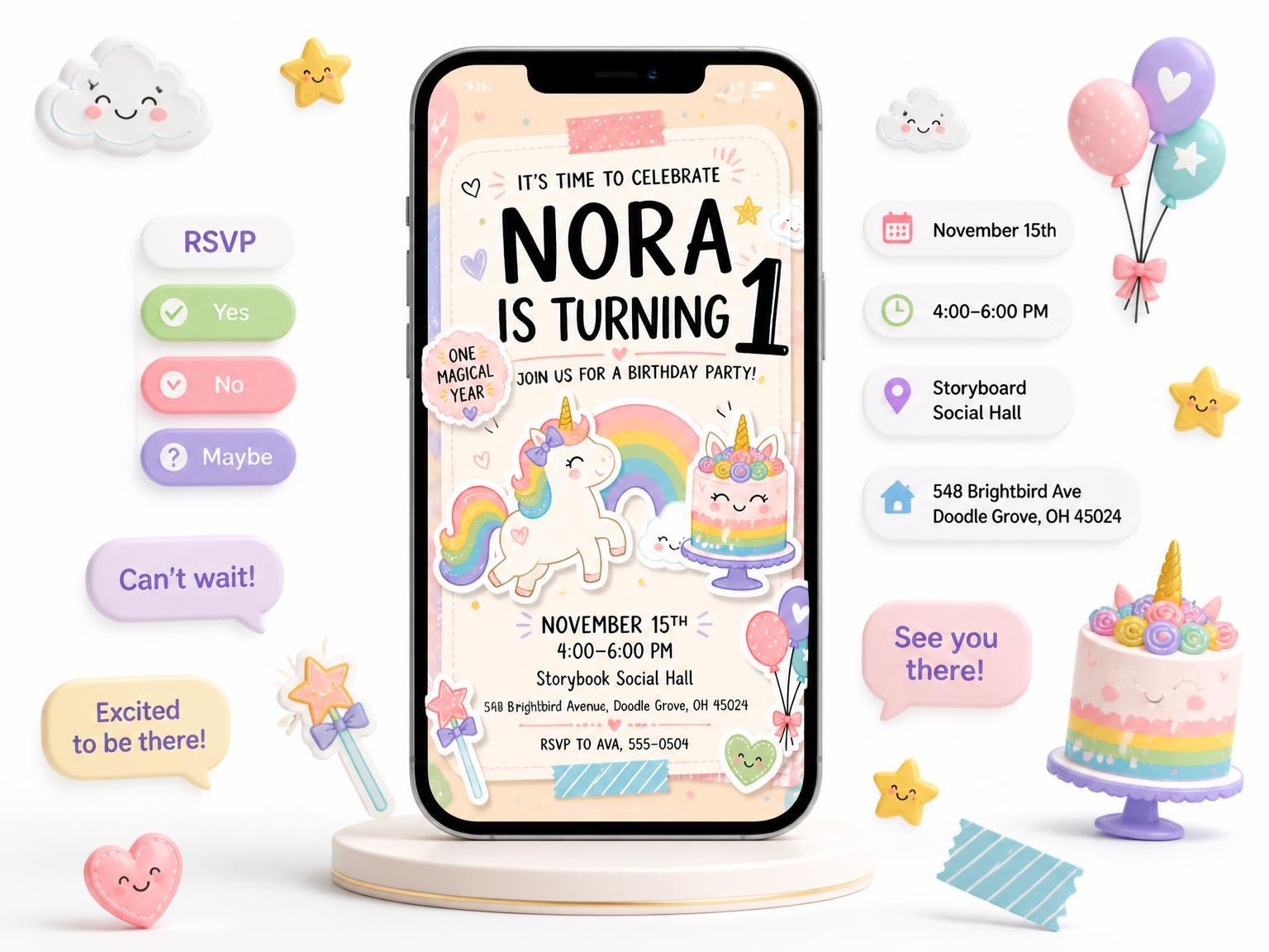 The Rainbow Clouds Pastel 1st Birthday Invitation invitation on a phone, with guest RSVPs arriving around it