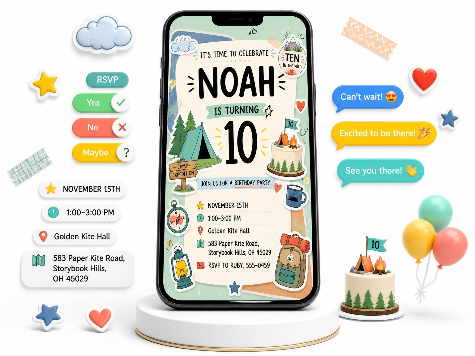 The Pastel Camping Expedition 10th Birthday Invitation invitation on a phone, with guest RSVPs arriving around it