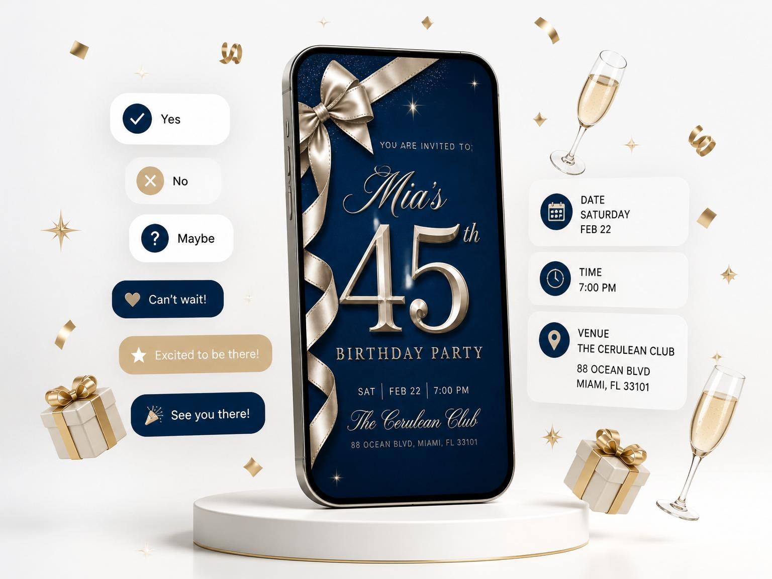 The Navy Champagne Ribbon 45th Birthday invitation on a phone, with guest RSVPs arriving around it
