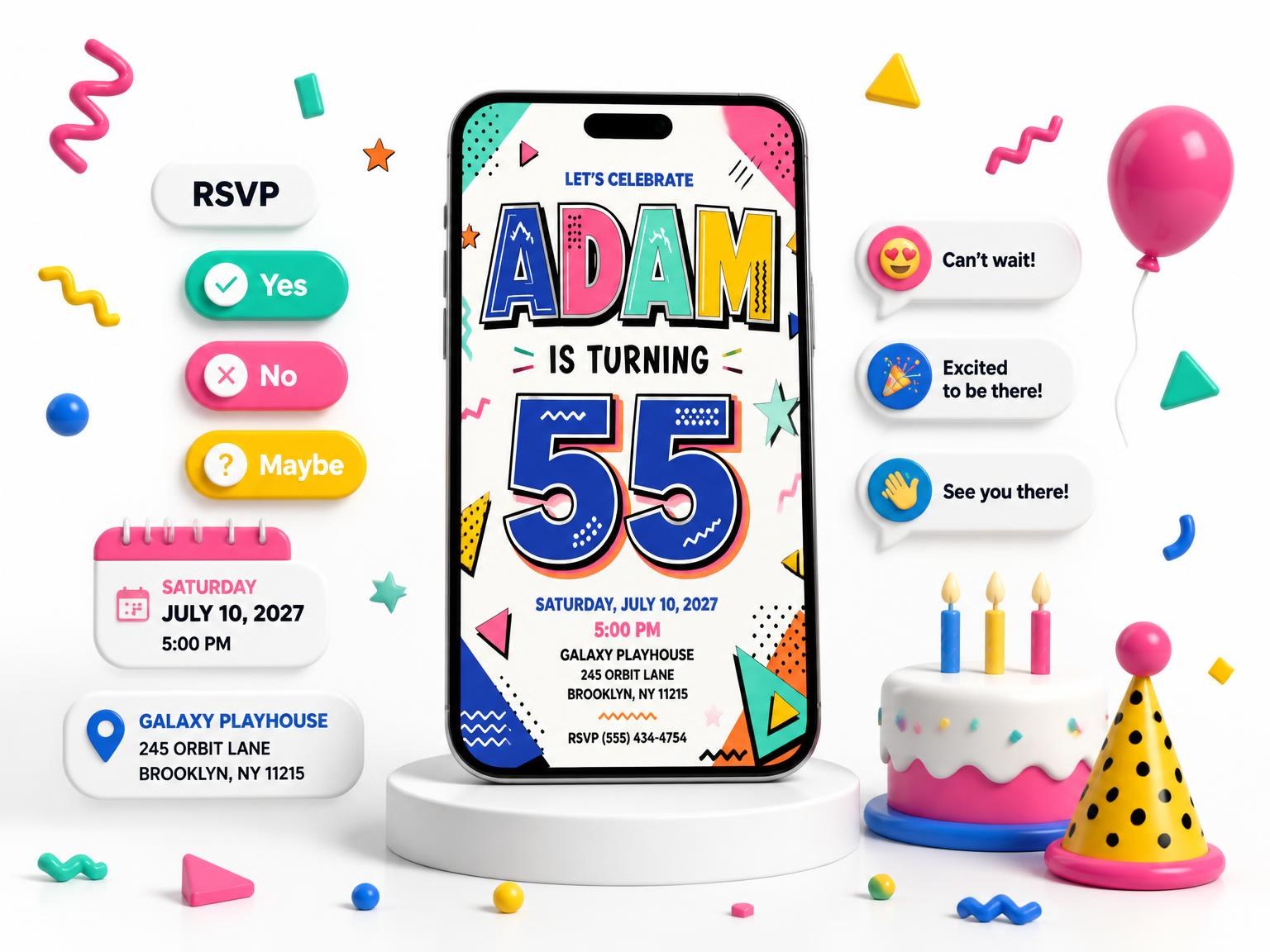 The Memphis Pop 55th Birthday Invitation invitation on a phone, with guest RSVPs arriving around it