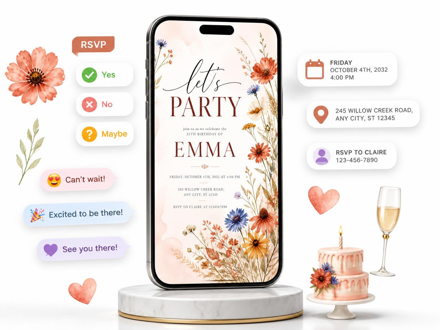 The Terracotta Meadow Grass 25th Birthday Invitation invitation on a phone, with guest RSVPs arriving around it