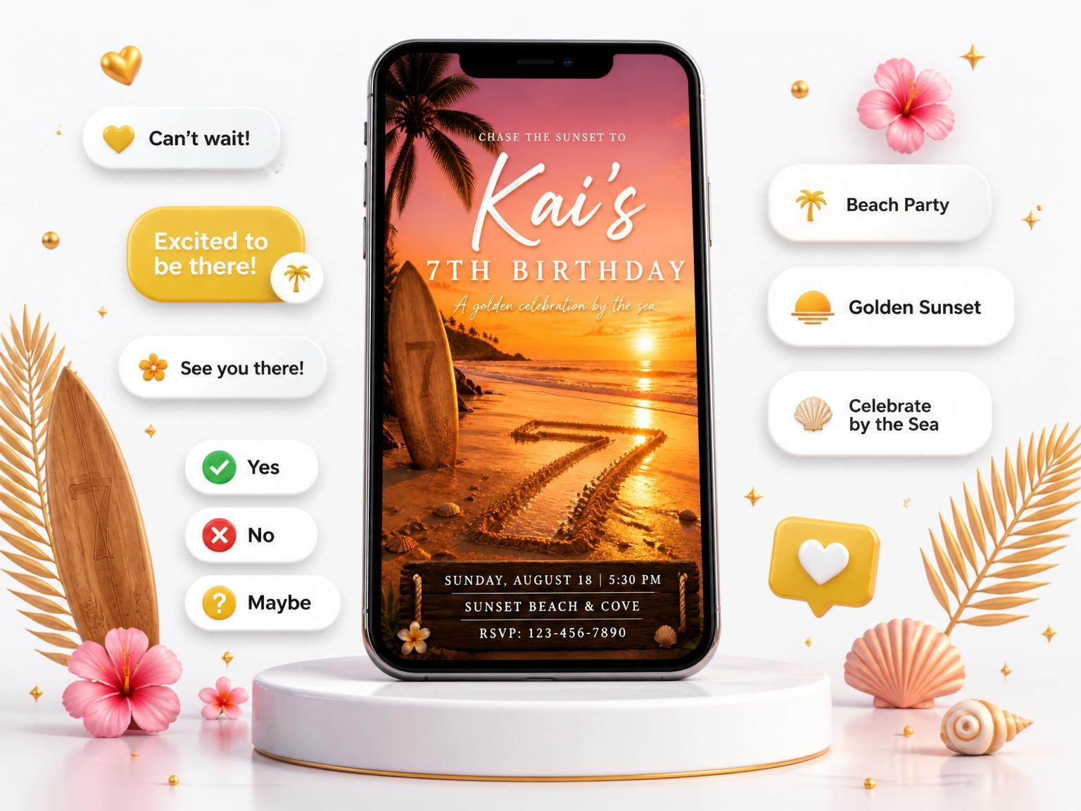 The Tropical Sunset Surfboard Beach 7th Birthday invitation on a phone, with guest RSVPs arriving around it